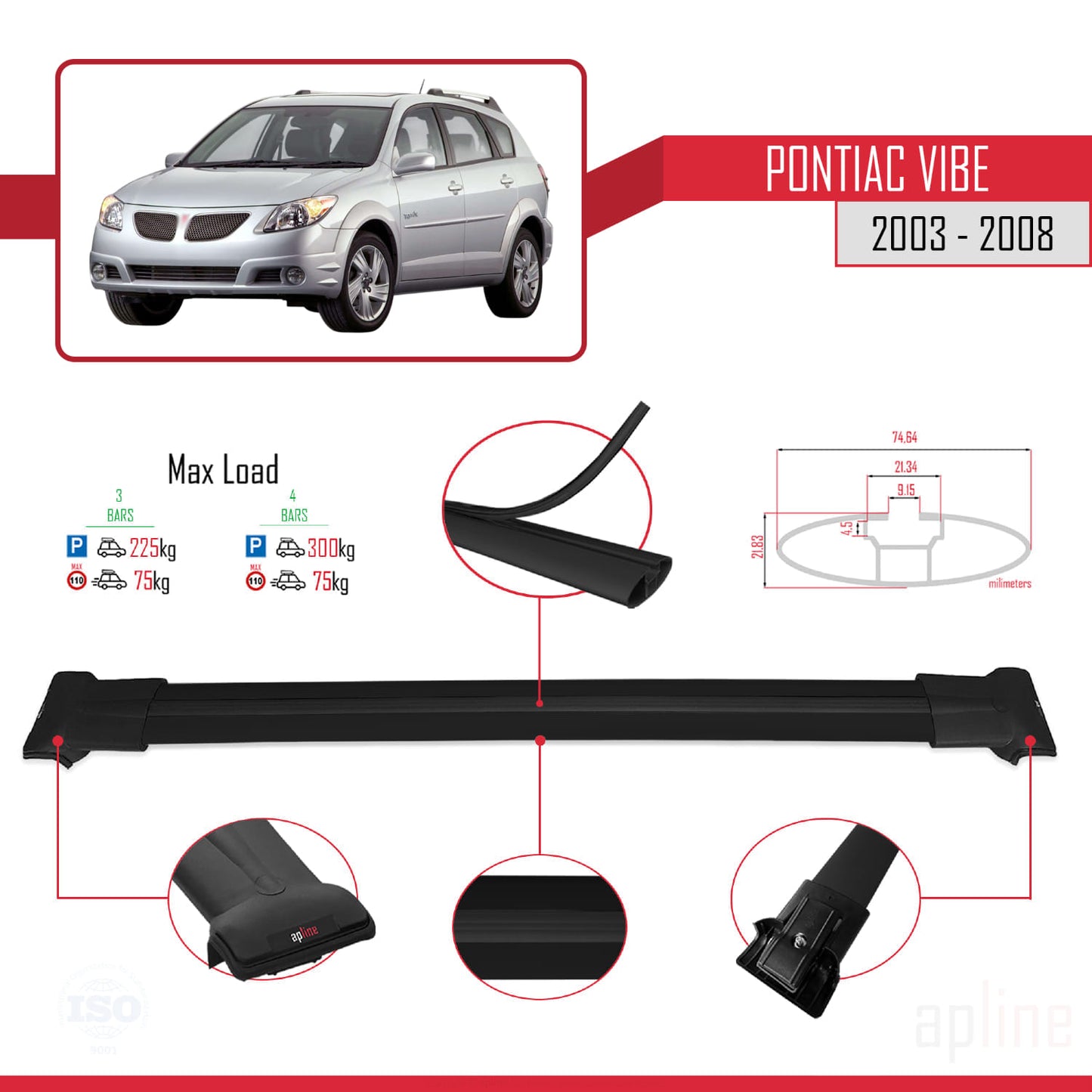 Compatible with Pontiac Vibe 2003-2008 FLY Model Car Roof Rack Cross Bar Black Aluminium 3 Bars