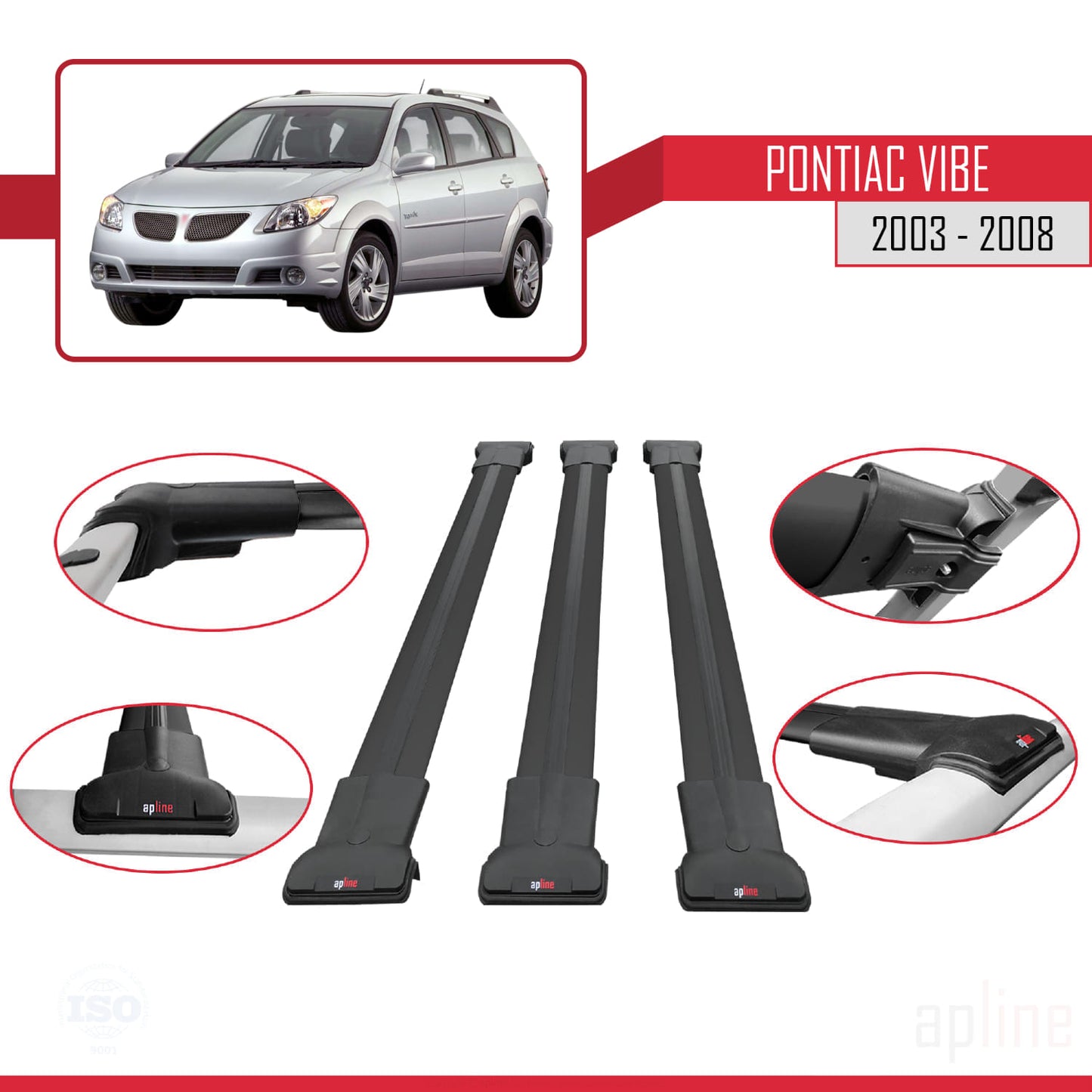 Compatible with Pontiac Vibe 2003-2008 FLY Model Car Roof Rack Cross Bar Black Aluminium 3 Bars