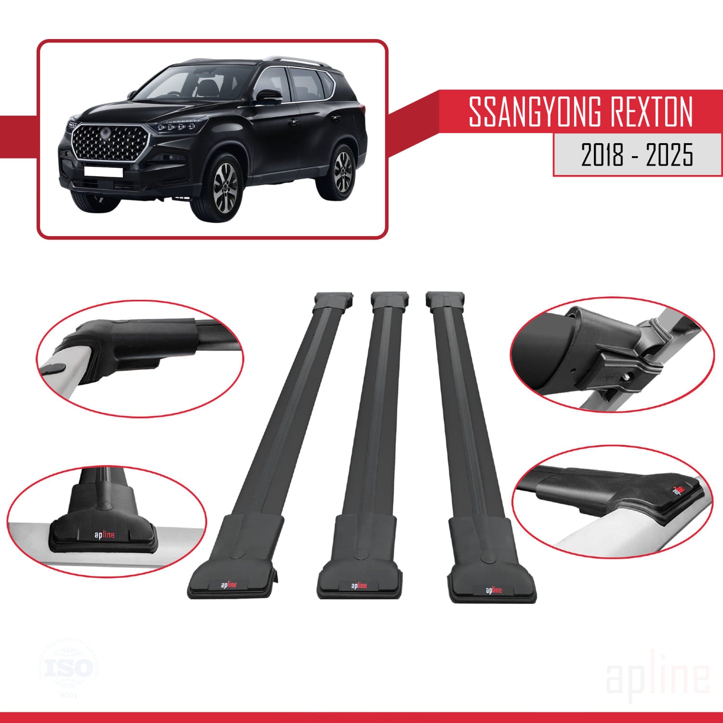 Compatible with SsangYong Rexton 2018-2025 FLY Model Car Roof Rack Cross Bar Black Aluminium 3 Bars