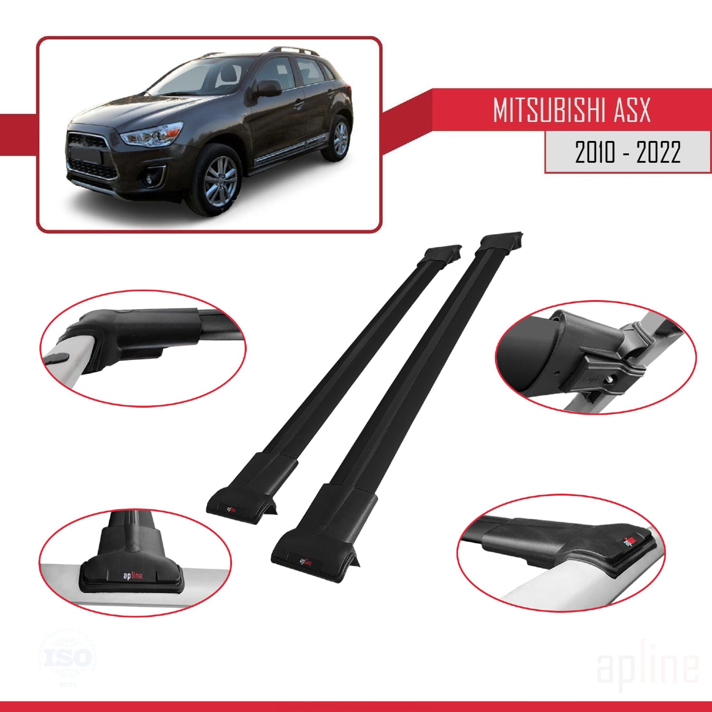 Compatible with Mitsubishi ASX (GA) 2010-2022 FLY Model Car Roof Rack Cross Bar Black Aluminium 2 Bars