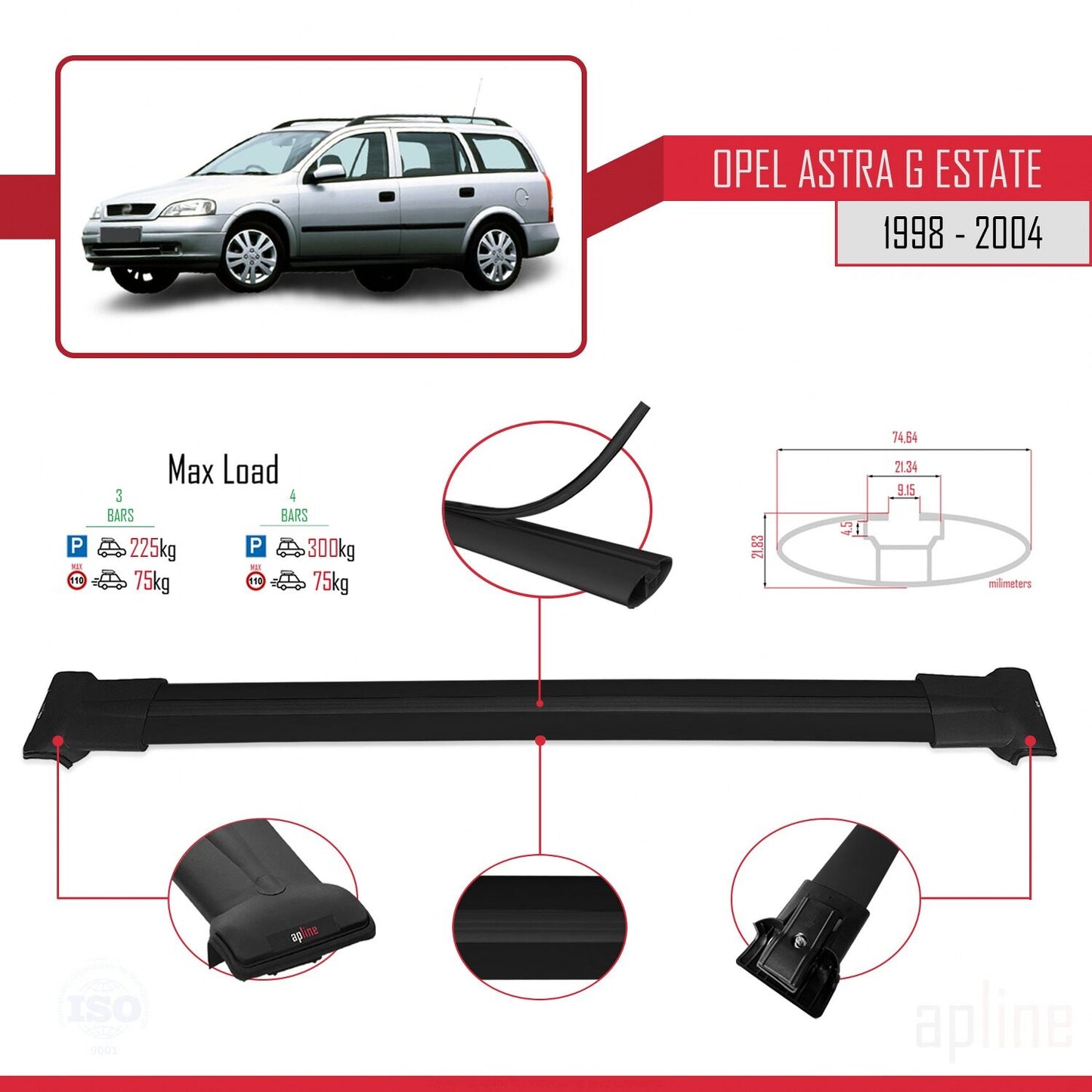 Compatible with Opel Astra G (T98) SW 1998-2004 FLY Model Car Roof Rack Cross Bar Black Aluminium 3 Bars