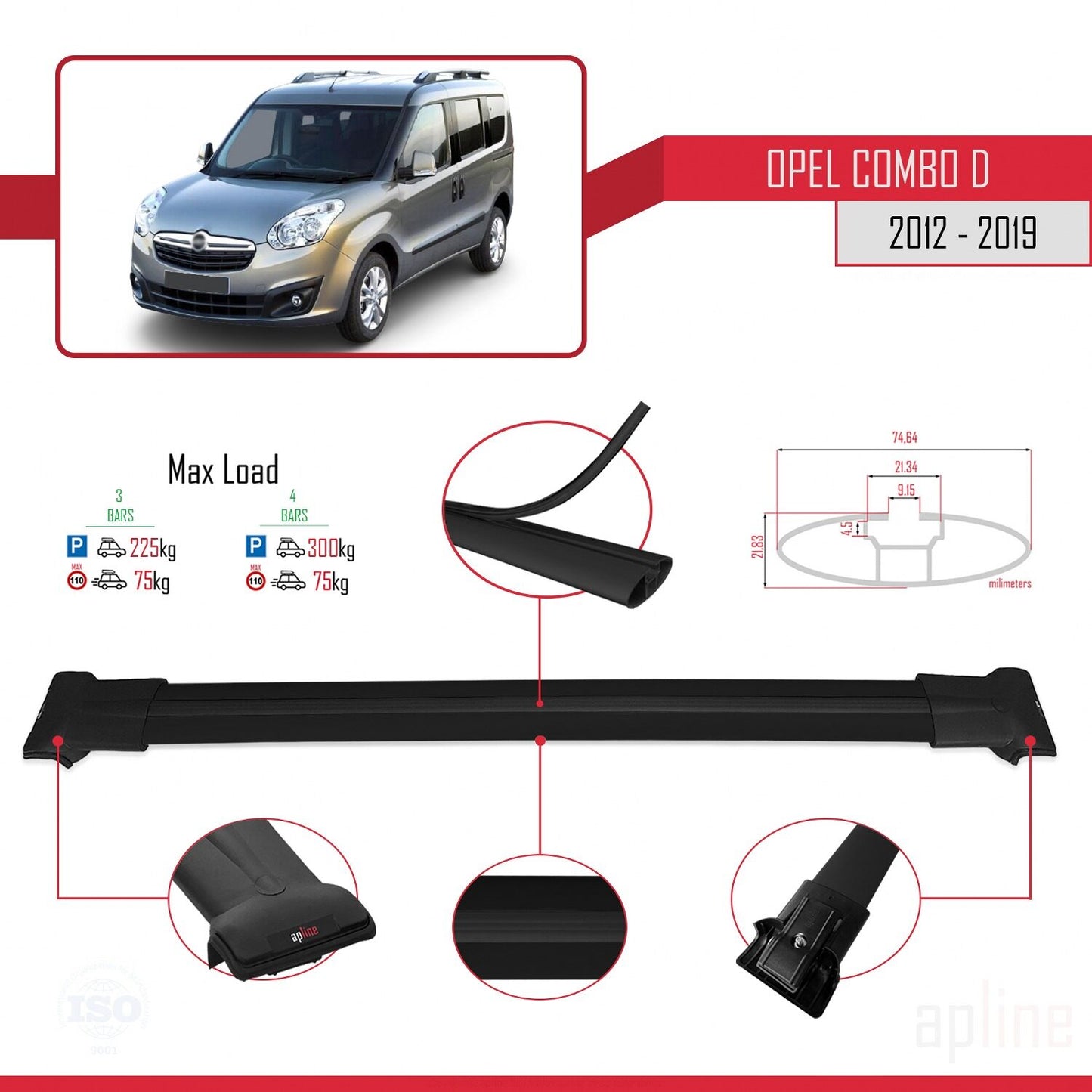 Compatible with Opel Combo D 2012-2018 FLY Model Car Roof Rack Cross Bar Black Aluminium 3 Bars