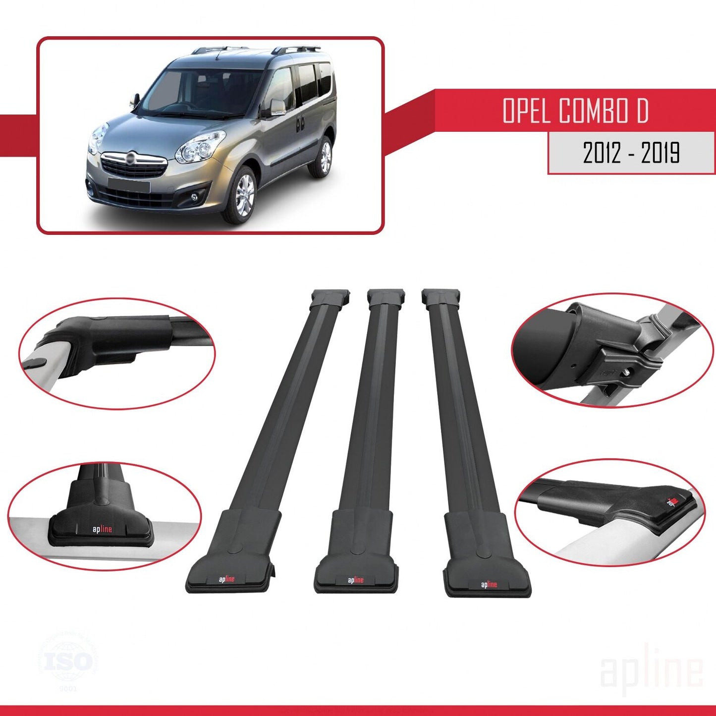 Compatible with Opel Combo D 2012-2018 FLY Model Car Roof Rack Cross Bar Black Aluminium 3 Bars