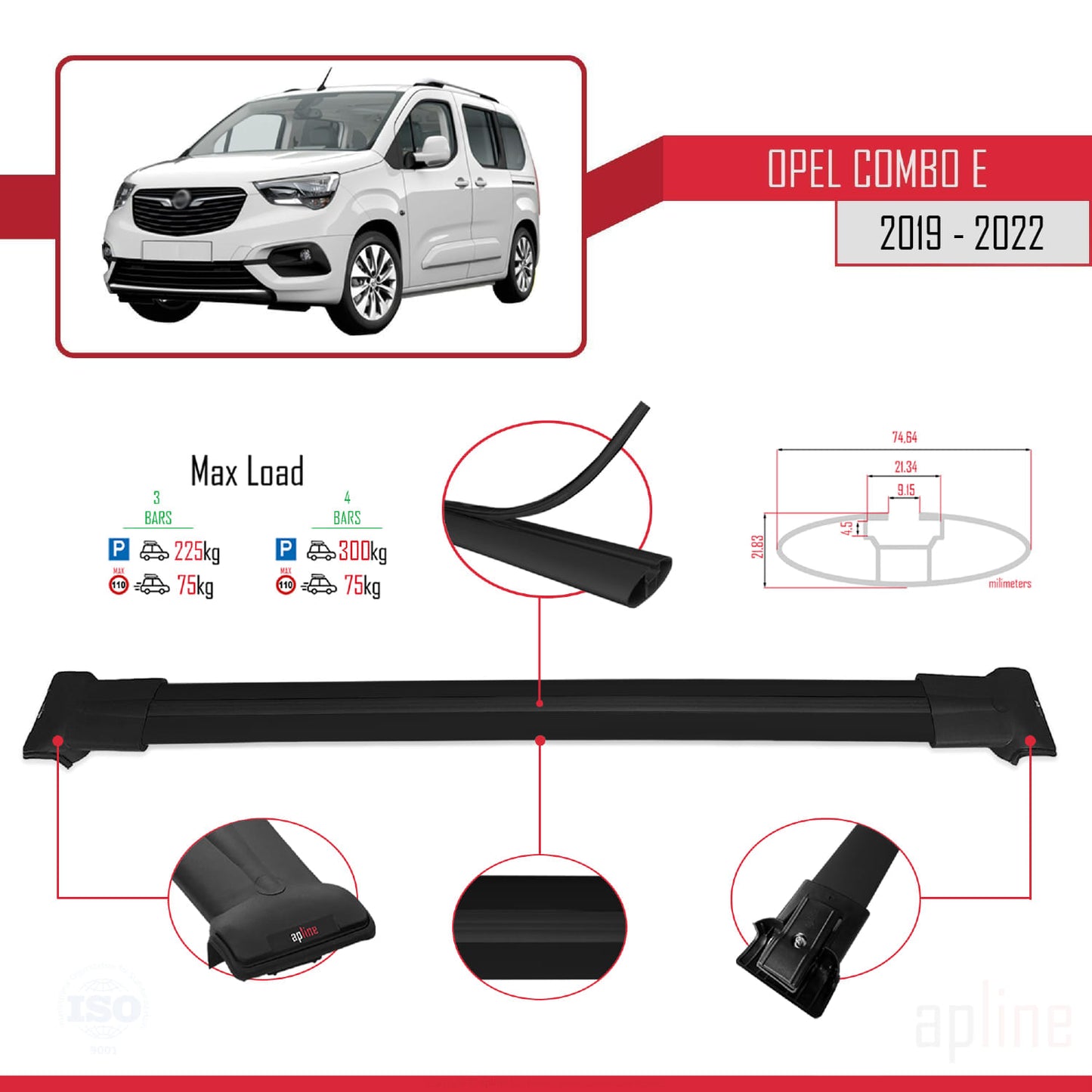 Compatible with Opel Combo E 2019-2022 FLY Model Car Roof Rack Cross Bar Black Aluminium 4 Bars
