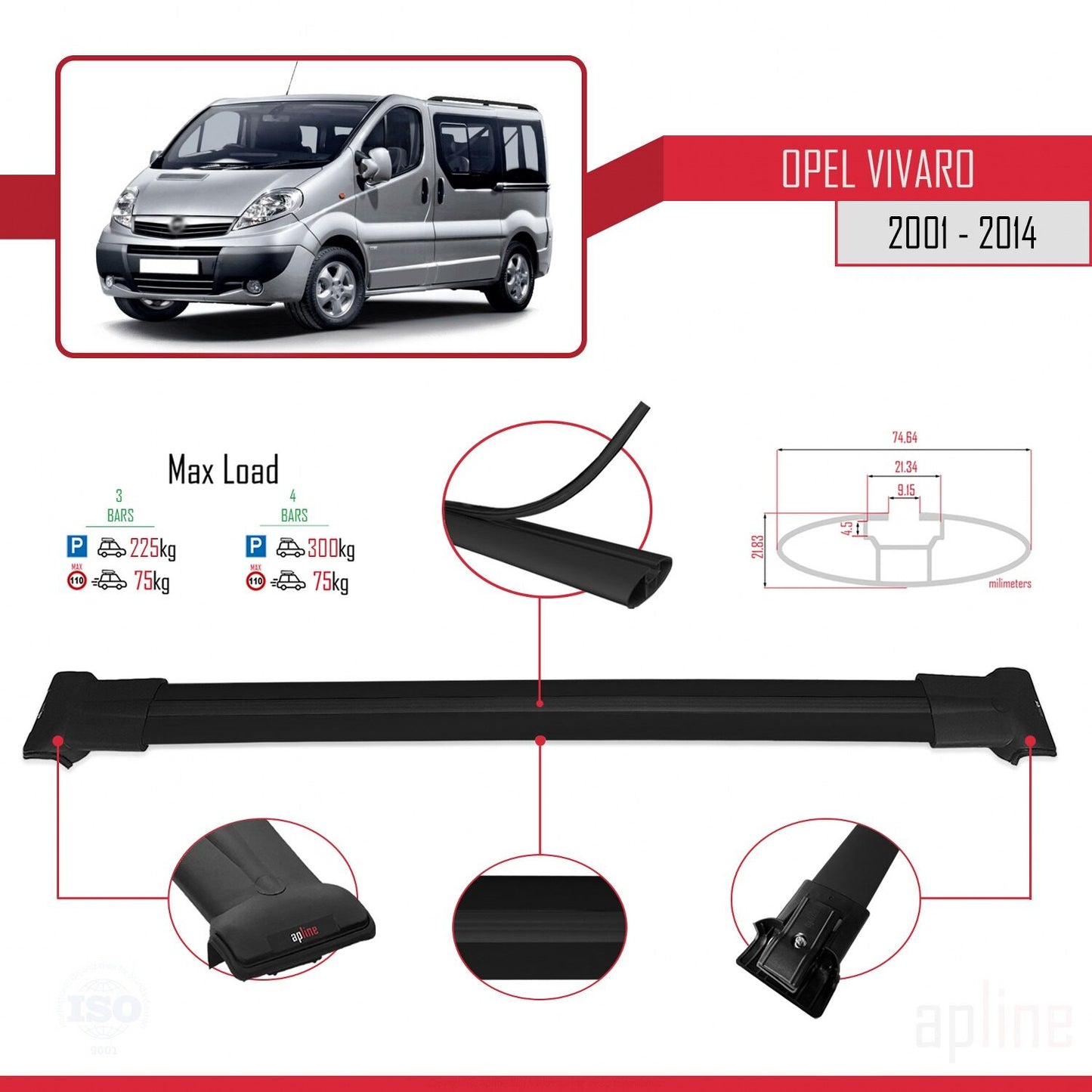 Compatible with Opel Vivaro A 2001-2014 FLY Model Car Roof Rack Cross Bar Black Aluminium 3 Bars