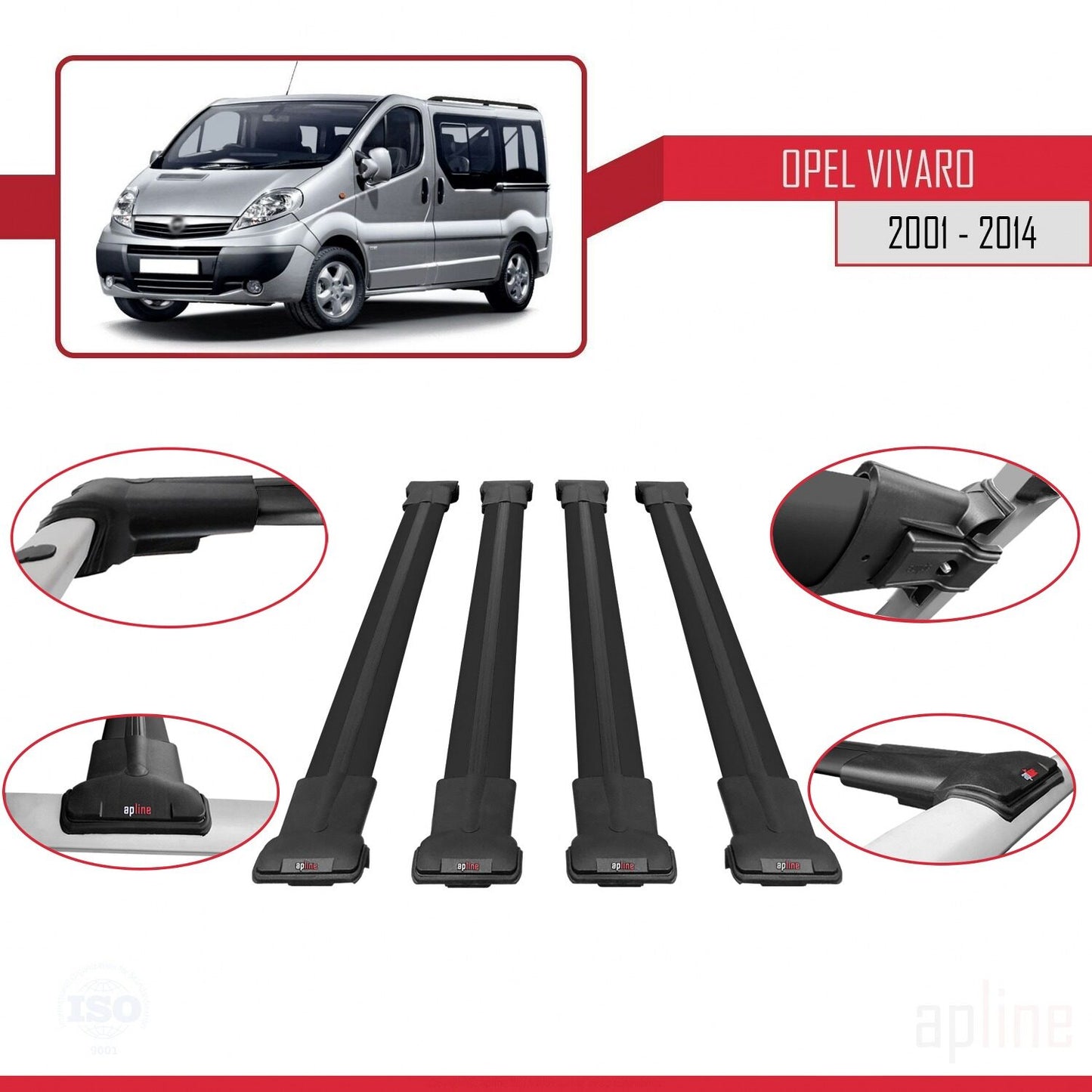 Compatible with Opel Vivaro A 2001-2014 FLY Model Car Roof Rack Cross Bar Black Aluminium 4 Bars