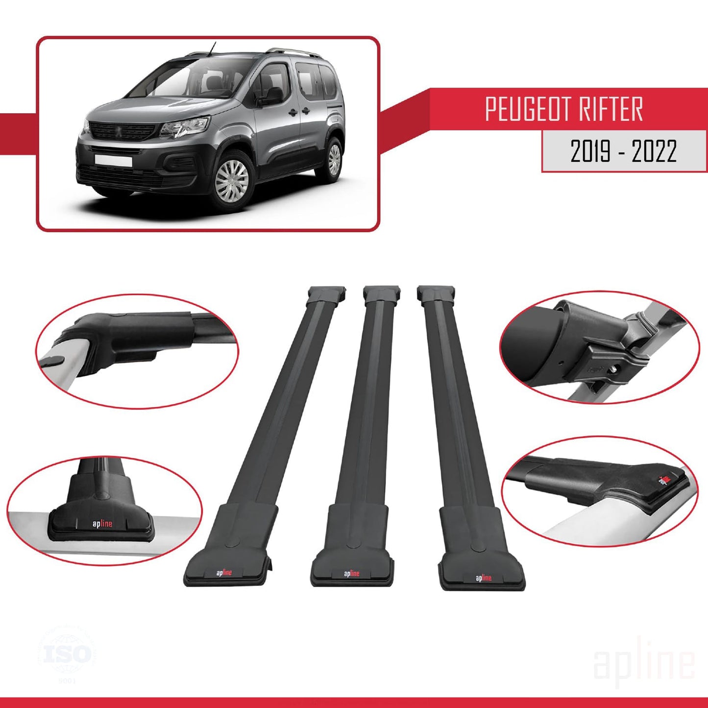 Compatible with Peugeot Rifter 2019-2022 FLY Model Car Roof Rack Cross Bar Black Aluminium 3 Bars