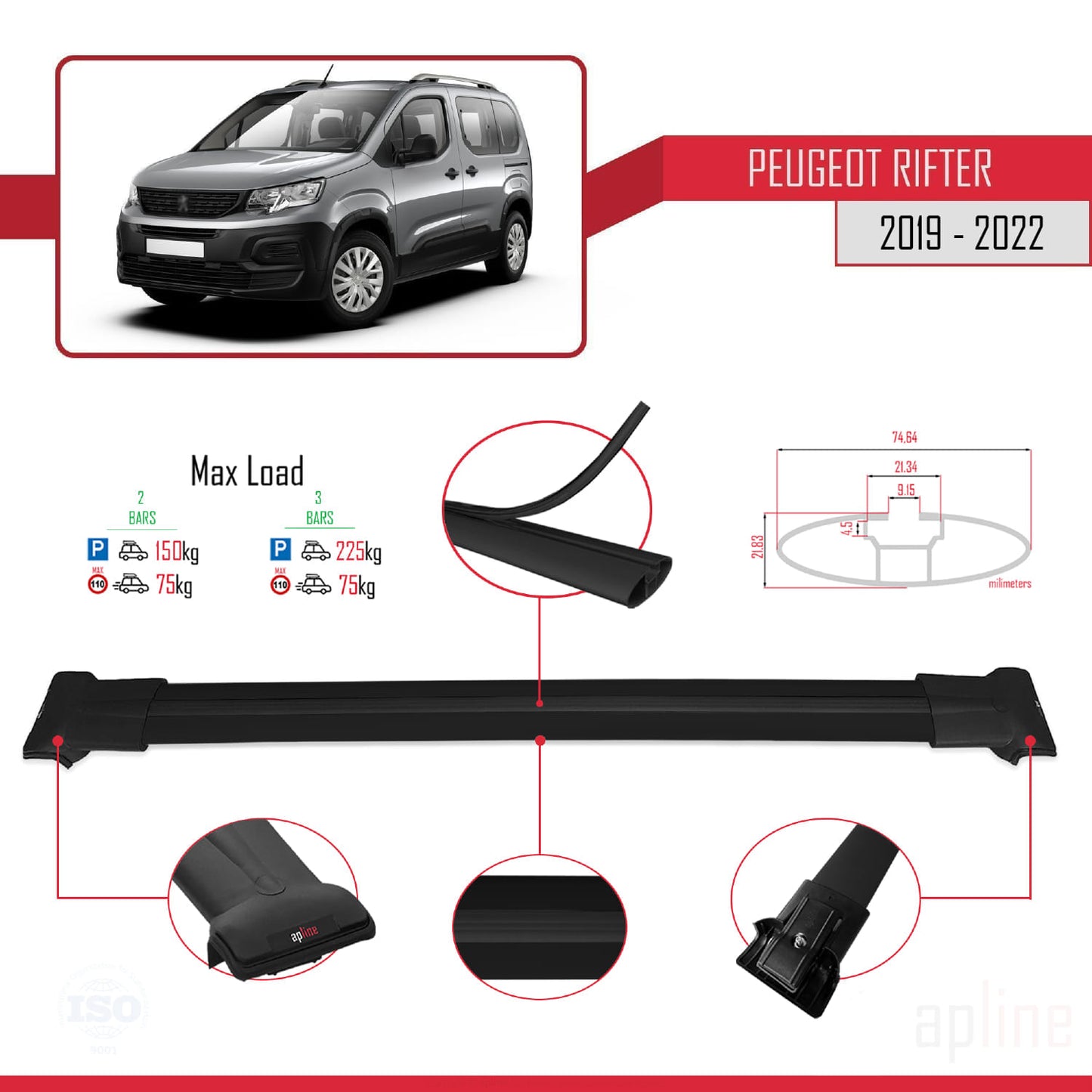 Compatible with Peugeot Rifter 2019-2022 FLY Model Car Roof Rack Cross Bar Black Aluminium 2 Bars