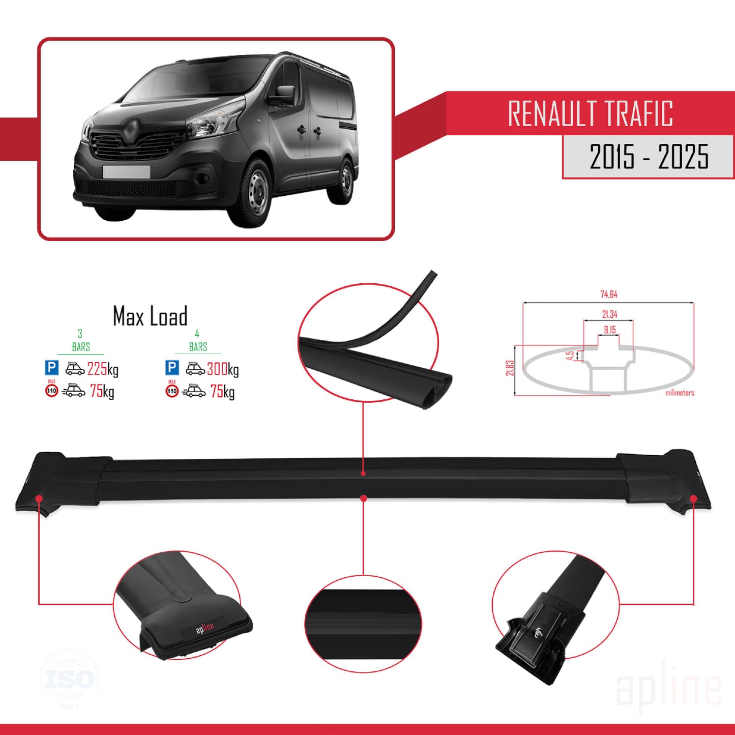 Compatible with Renault Trafic 3 (X82) 2015-2025 FLY Model Car Roof Rack Cross Bar Black Aluminium 3 Bars
