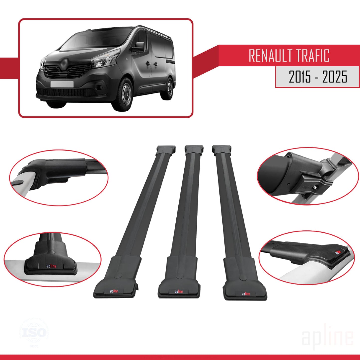 Compatible with Renault Trafic 3 (X82) 2015-2025 FLY Model Car Roof Rack Cross Bar Black Aluminium 3 Bars