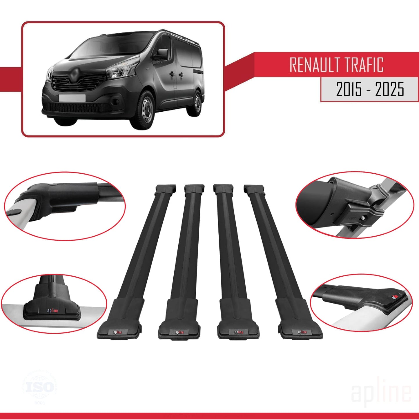 Compatible with Renault Trafic 3 (X82) 2015-2025 FLY Model Car Roof Rack Cross Bar Black Aluminium 4 Bars