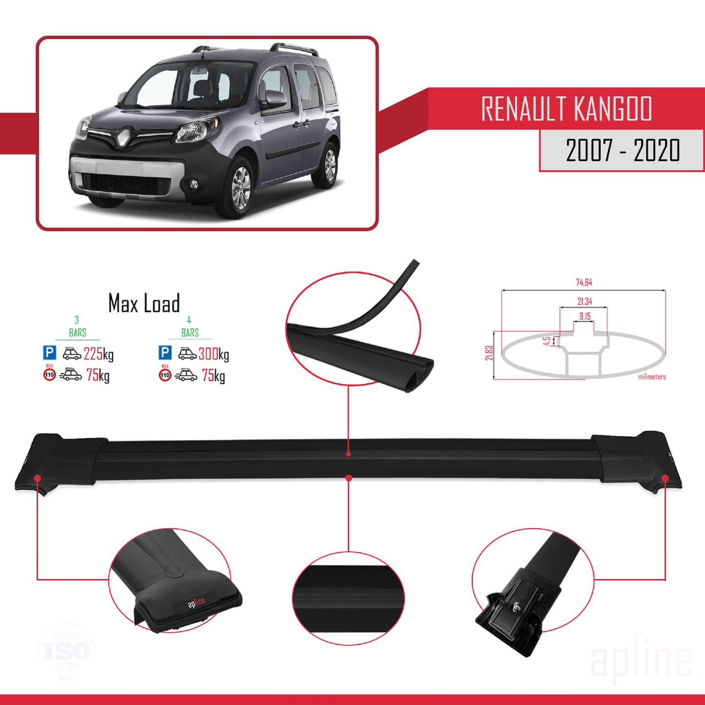 Compatible with Renault Kangoo 2 (X61) 2007-2020 FLY Model Car Roof Rack Cross Bar Black Aluminium 3 Bars