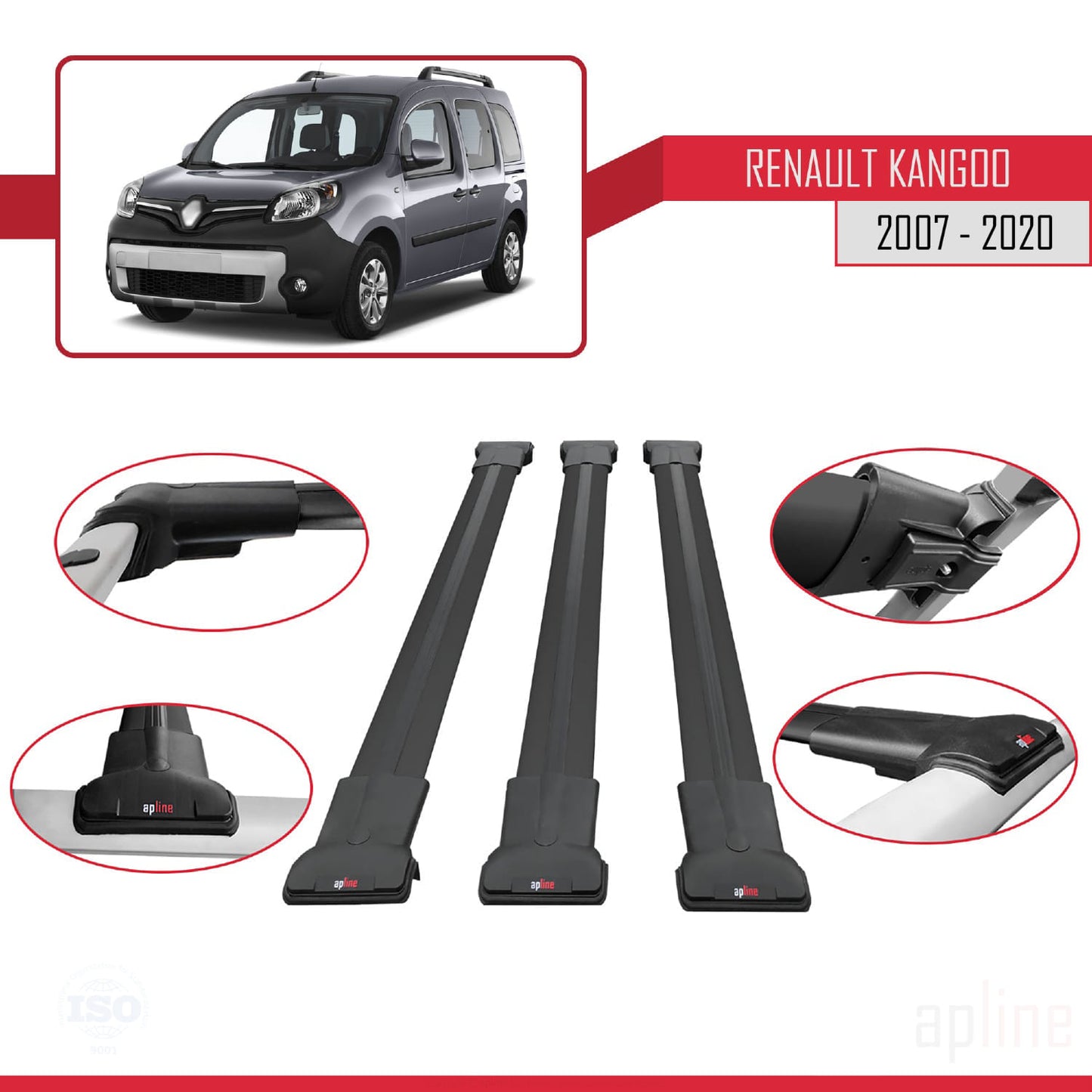 Compatible with Renault Kangoo 2 (X61) 2007-2020 FLY Model Car Roof Rack Cross Bar Black Aluminium 3 Bars