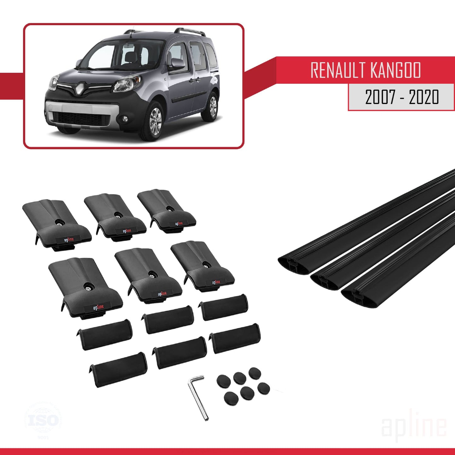 Compatible with Renault Kangoo 2 (X61) 2007-2020 FLY Model Car Roof Rack Cross Bar Black Aluminium 3 Bars
