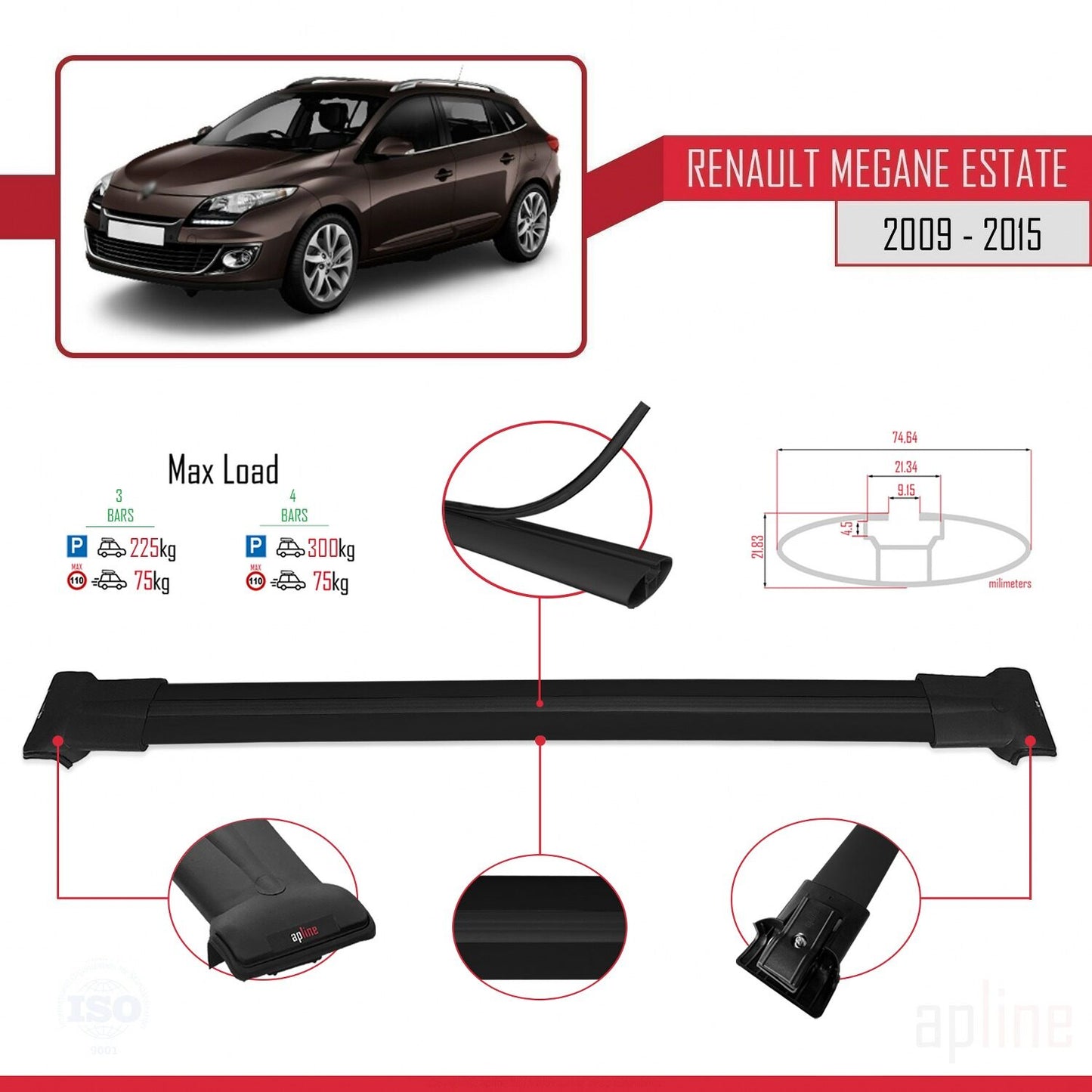 Compatible with Renault Megane 3 ST 2009-2015 FLY Model Car Roof Rack Cross Bar Black Aluminium 3 Bars
