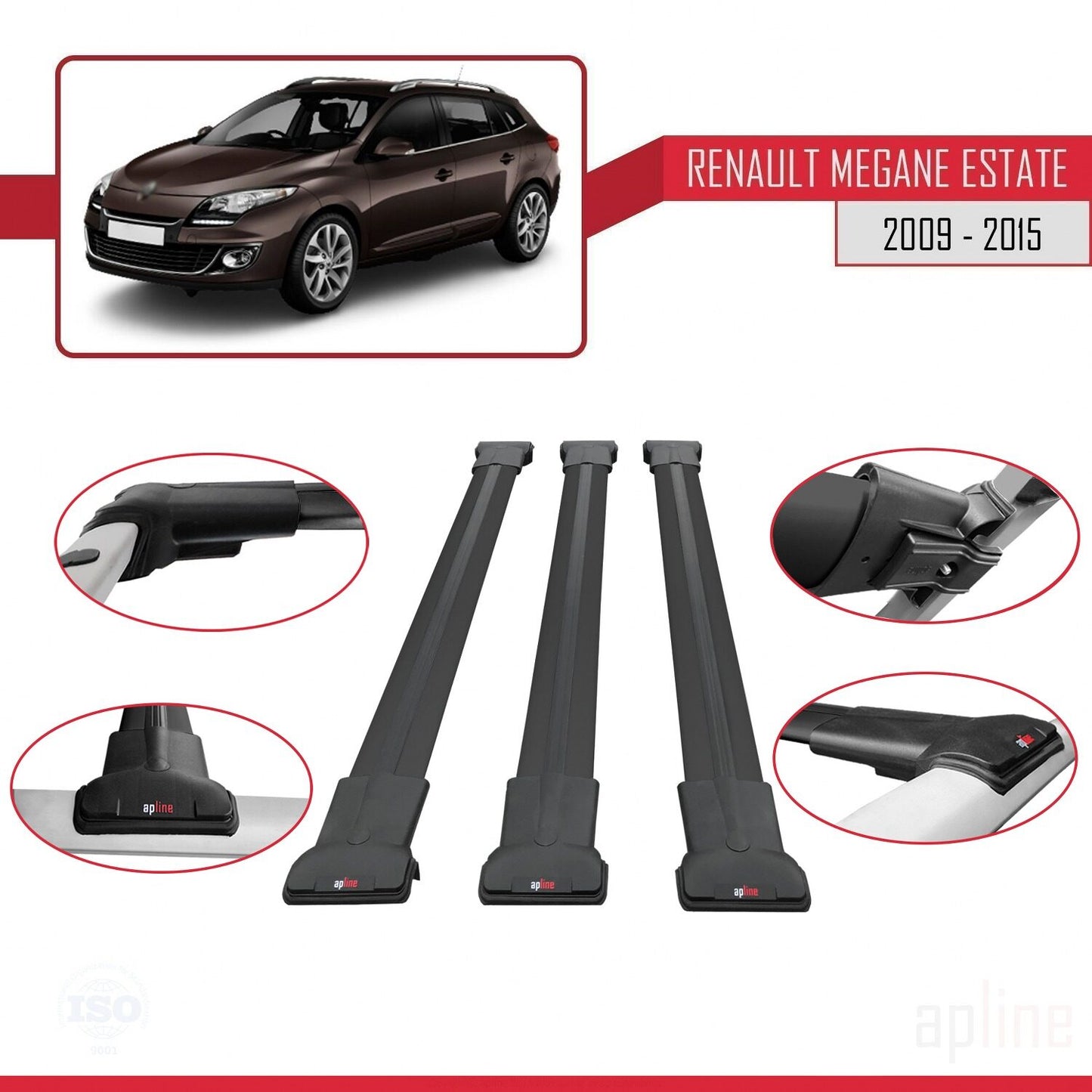 Compatible with Renault Megane 3 ST 2009-2015 FLY Model Car Roof Rack Cross Bar Black Aluminium 3 Bars
