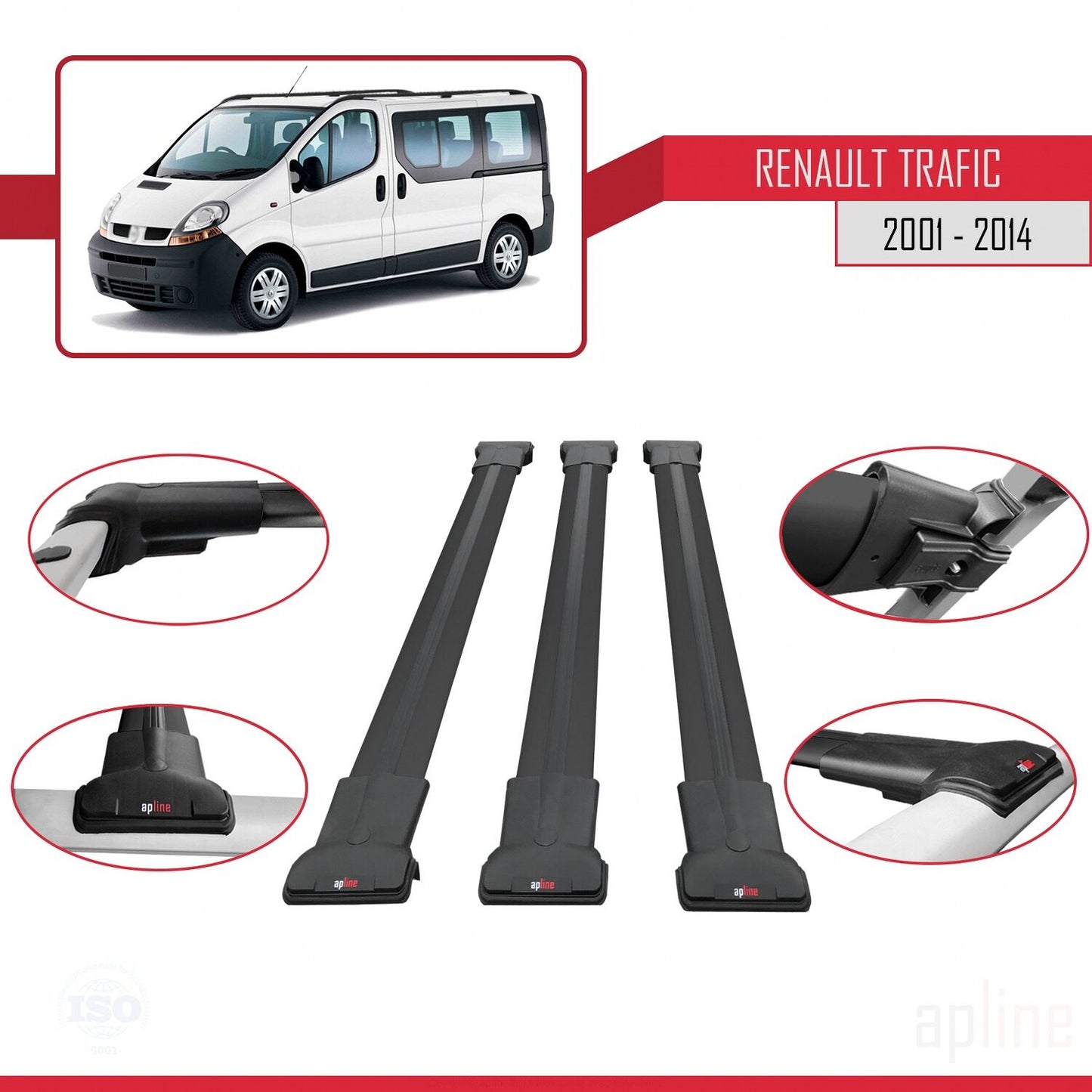 Compatible with Renault Trafic 2 (X83) 2001-2014 FLY Model Car Roof Rack Cross Bar Black Aluminium 3 Bars