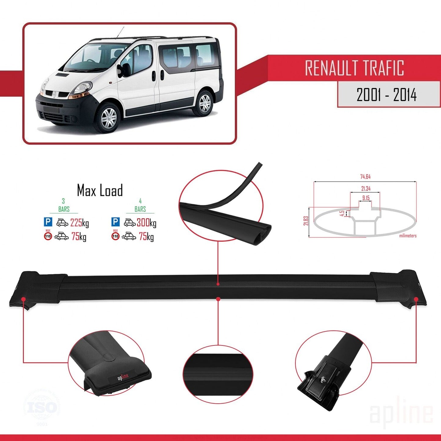 Compatible with Renault Trafic 2 (X83) 2001-2014 FLY Model Car Roof Rack Cross Bar Black Aluminium 4 Bars