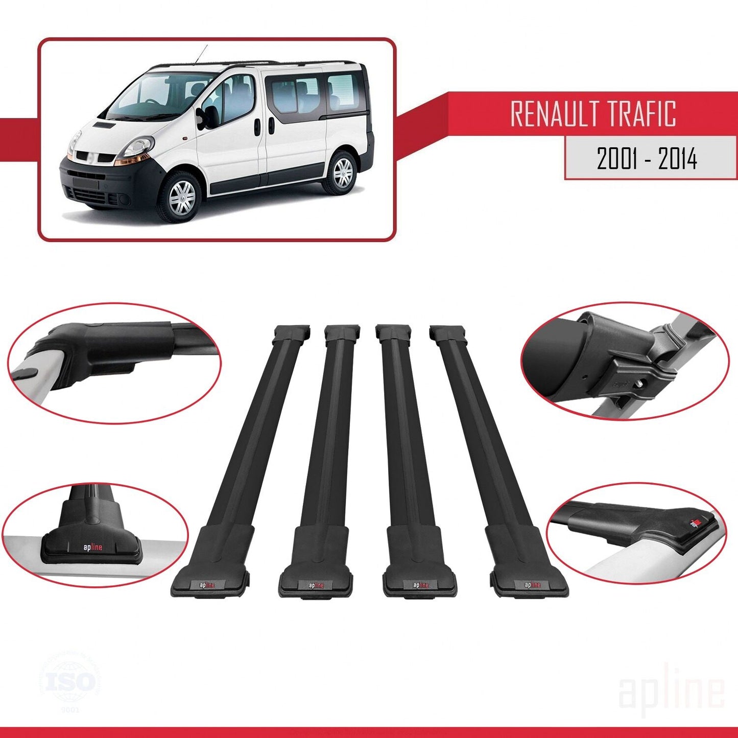 Compatible with Renault Trafic 2 (X83) 2001-2014 FLY Model Car Roof Rack Cross Bar Black Aluminium 4 Bars