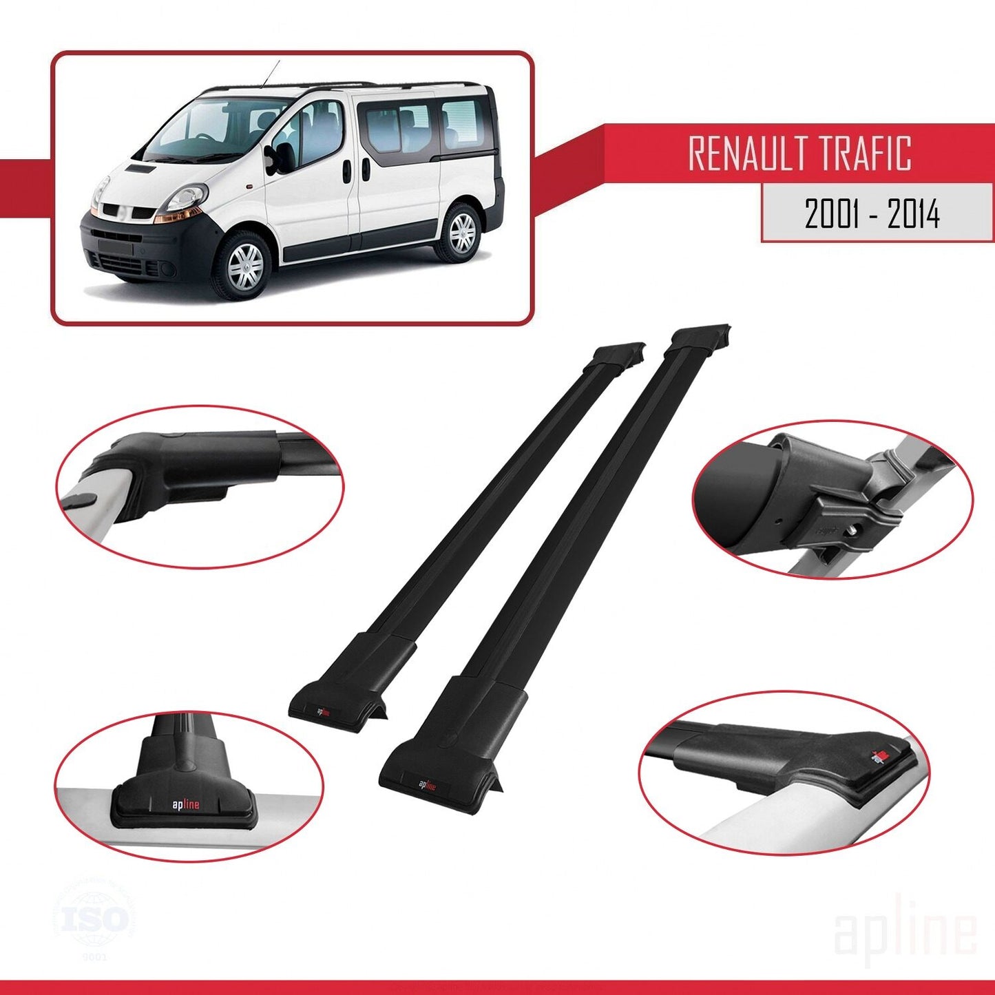 Compatible with Renault Trafic 2 (X83) 2001-2014 FLY Model Car Roof Rack Cross Bar Black Aluminium 2 Bars