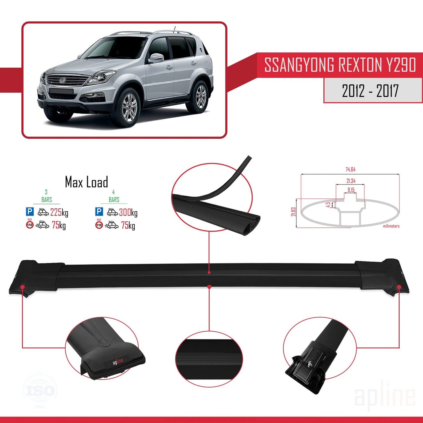 Compatible with Ssangyong Rexton (Y290) 2012-2017 FLY Model Car Roof Rack Cross Bar Black Aluminium 3 Bars