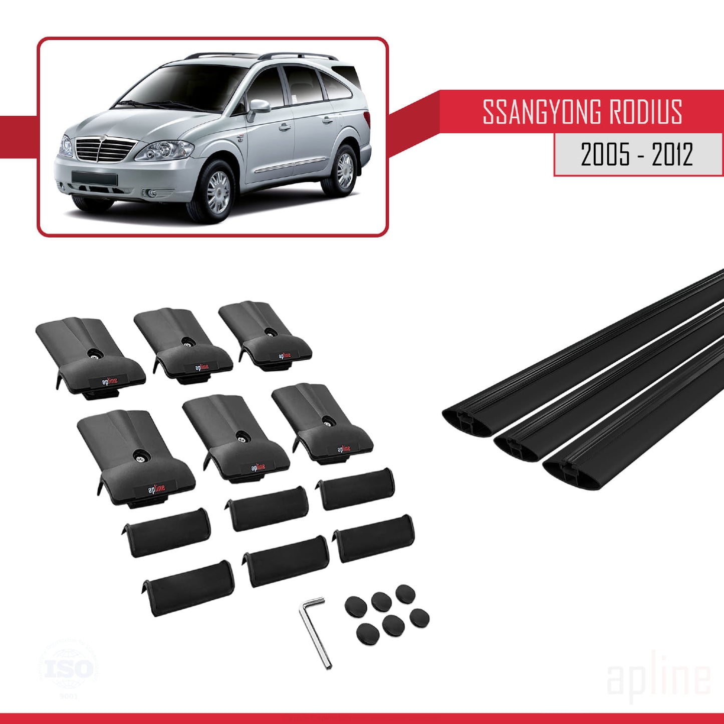 Compatible with Ssangyong Rodius 2005-2012 FLY Model Car Roof Rack Cross Bar Black Aluminium 3 Bars