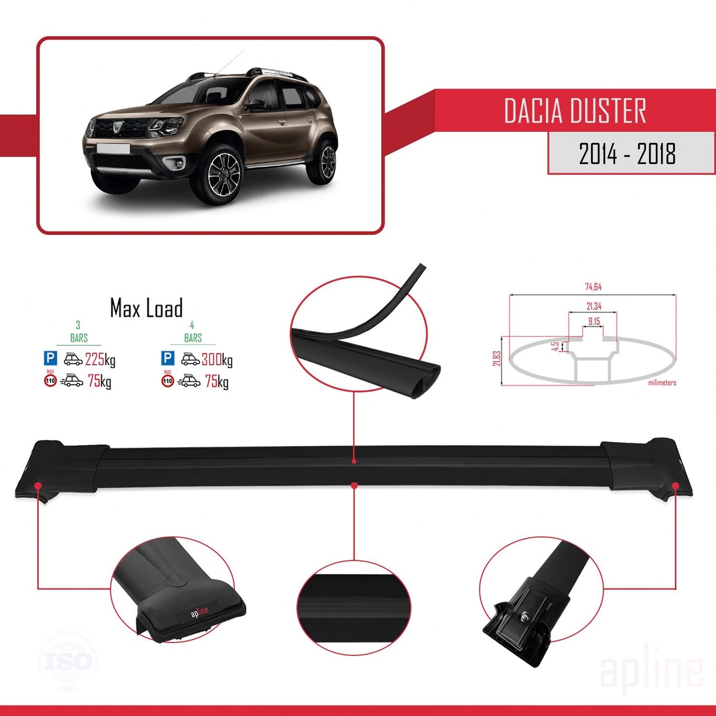 Compatible with Dacia Duster (HS) Post-Facelift 2014-2017 FLY Model Car Roof Rack Cross Bar Black Aluminium 3 Bars