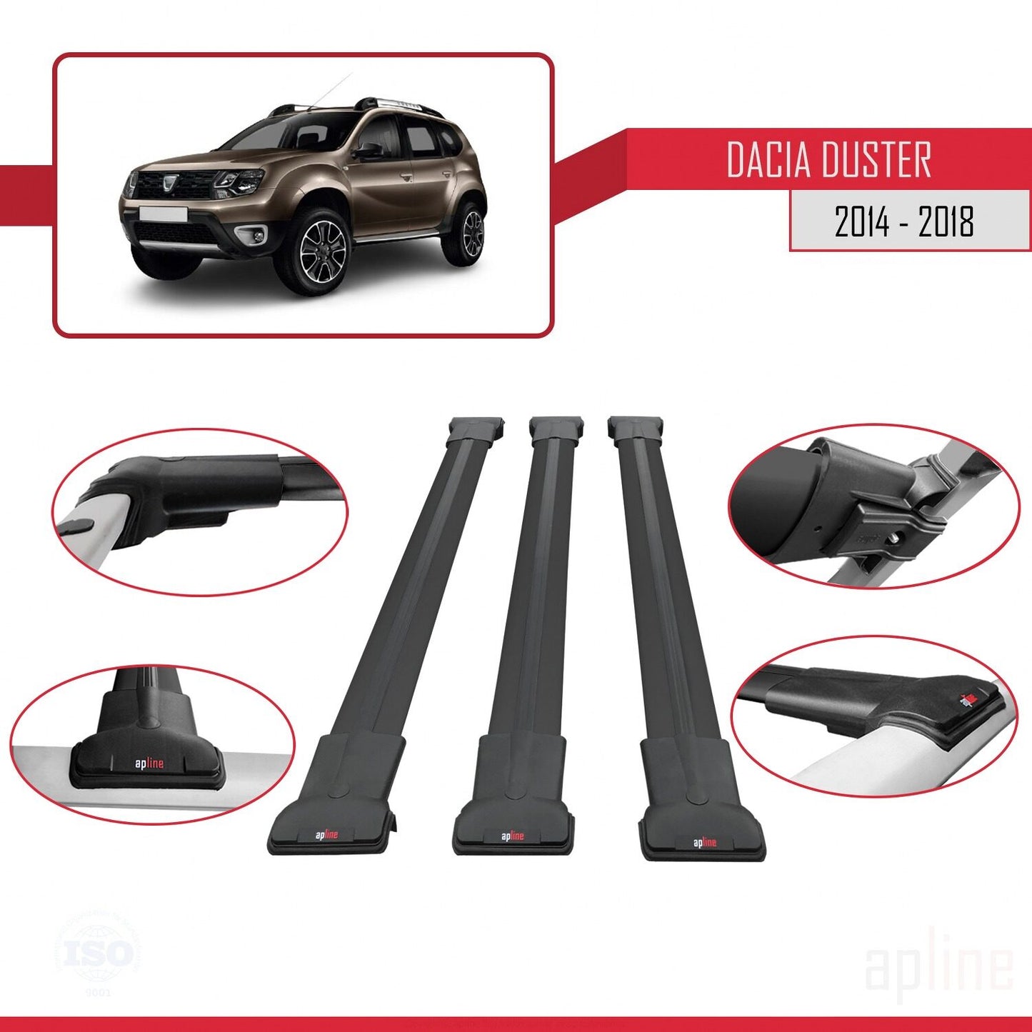 Compatible with Dacia Duster (HS) Post-Facelift 2014-2017 FLY Model Car Roof Rack Cross Bar Black Aluminium 3 Bars