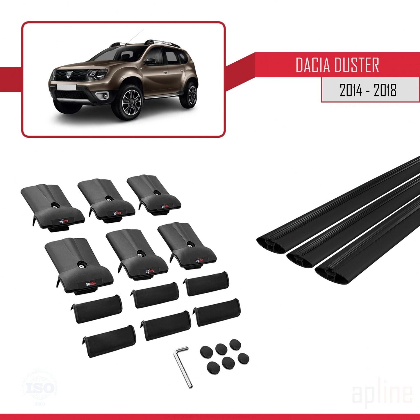 Compatible with Dacia Duster (HS) Post-Facelift 2014-2017 FLY Model Car Roof Rack Cross Bar Black Aluminium 3 Bars