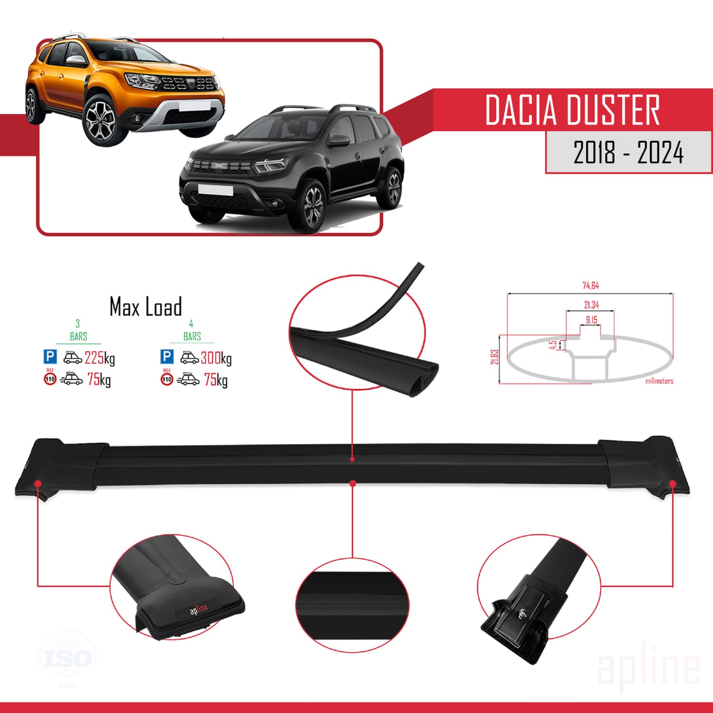Compatible with Dacia Duster 2 (HM) 2018-2024 FLY Model Car Roof Rack Cross Bar Black Aluminium 3 Bars