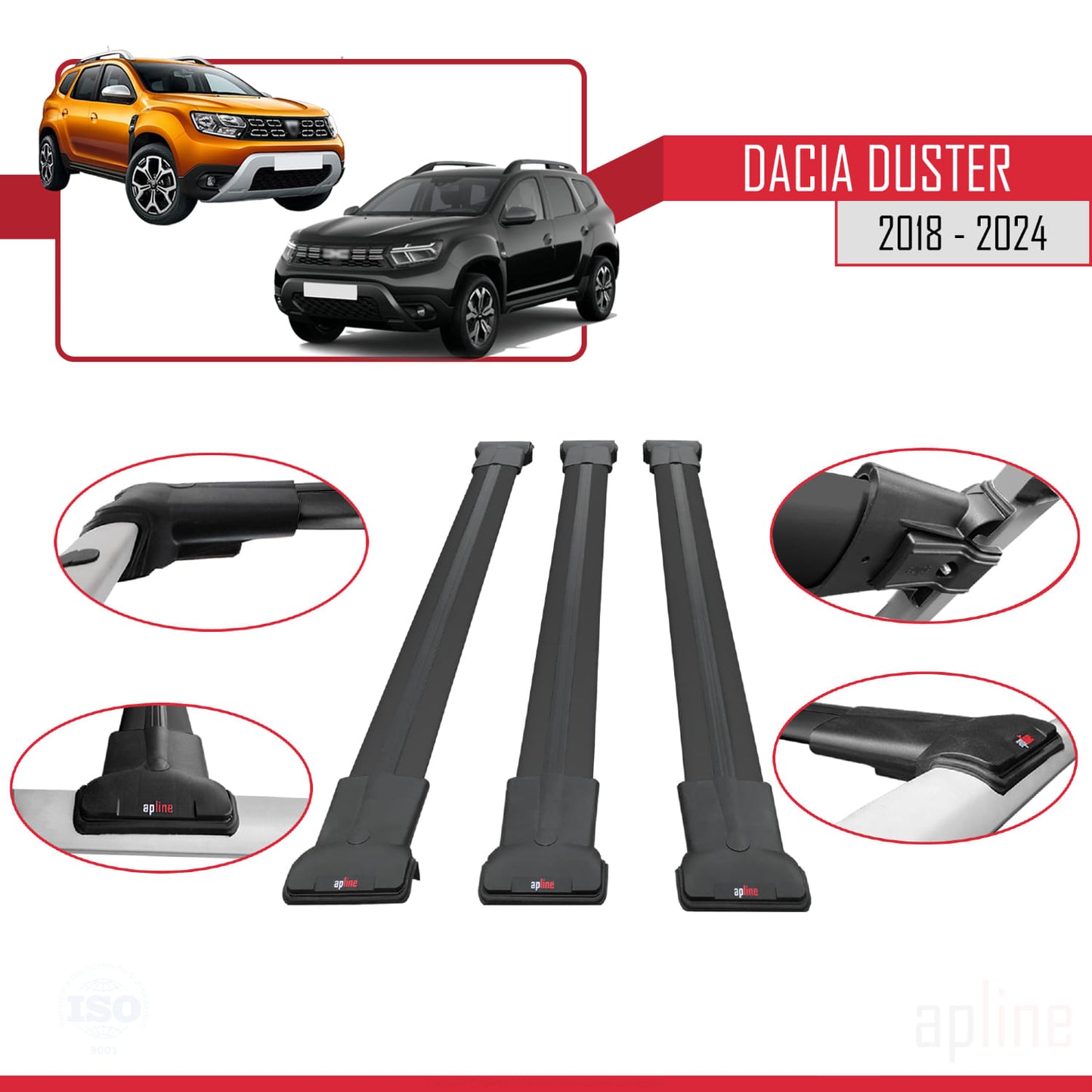 Compatible with Dacia Duster 2 (HM) 2018-2024 FLY Model Car Roof Rack Cross Bar Black Aluminium 3 Bars