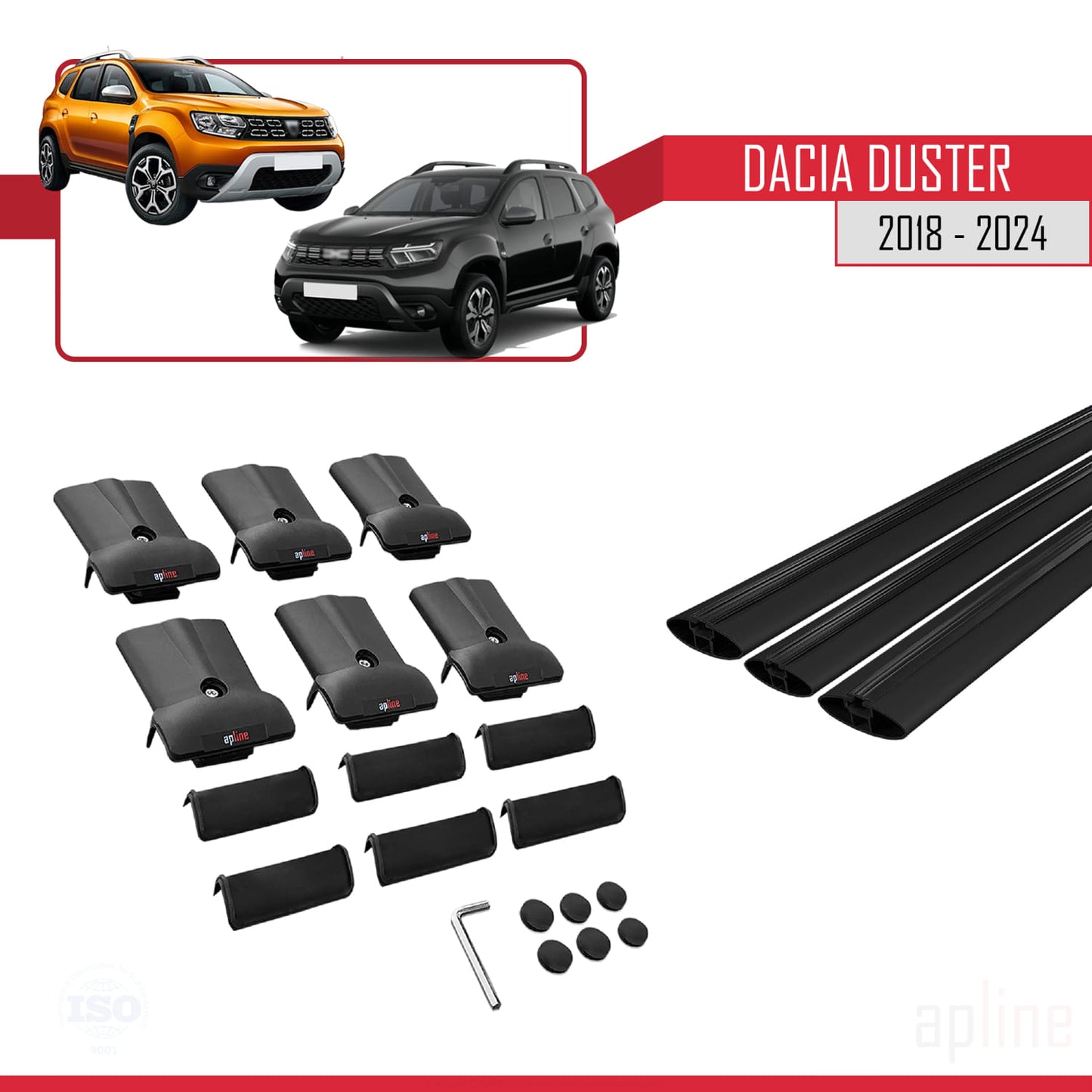 Compatible with Dacia Duster 2 (HM) 2018-2024 FLY Model Car Roof Rack Cross Bar Black Aluminium 3 Bars