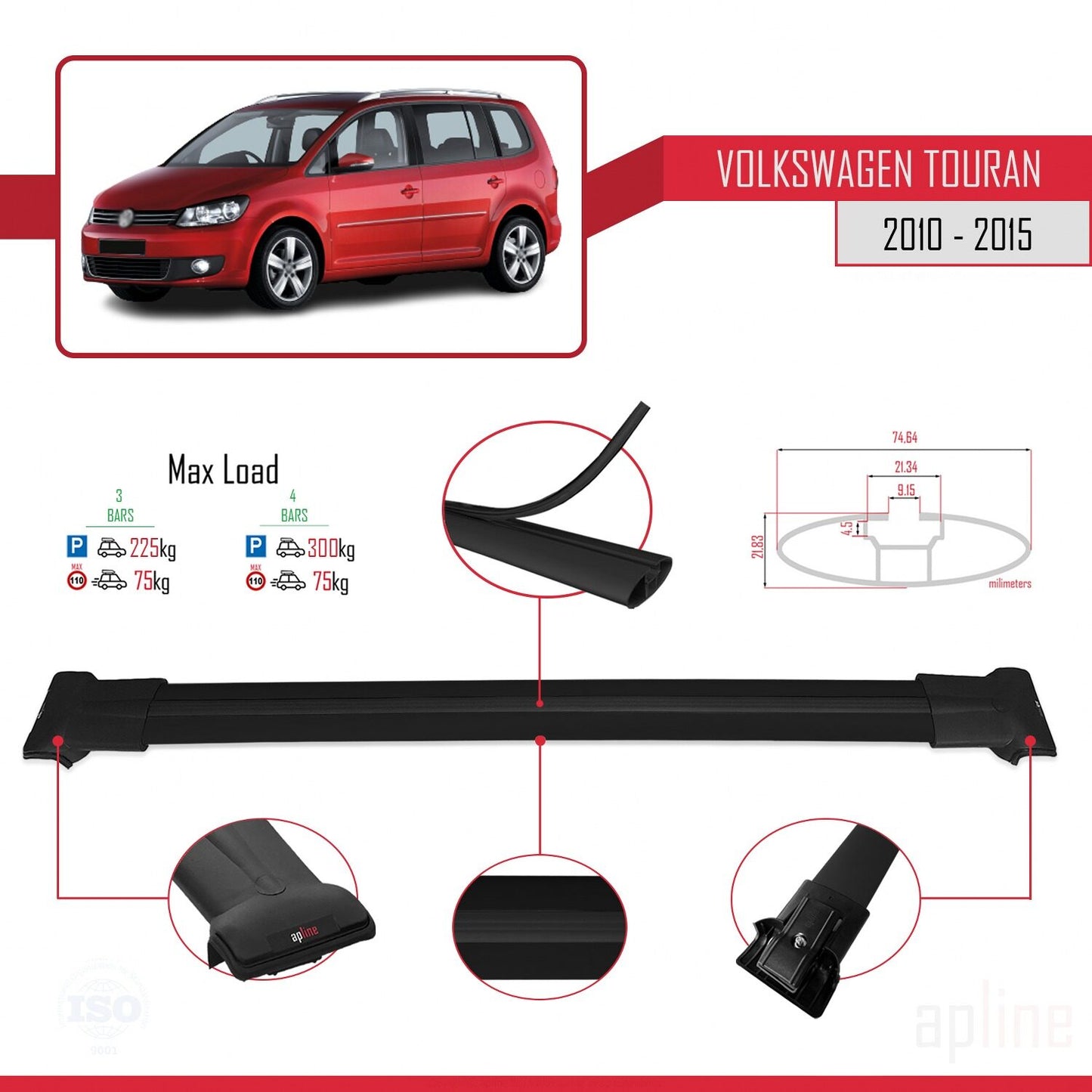 Compatible with Volkswagen Touran (1T) Post-Facelift 2010-2015 FLY Model Car Roof Rack Cross Bar Black Aluminium 3 Bars