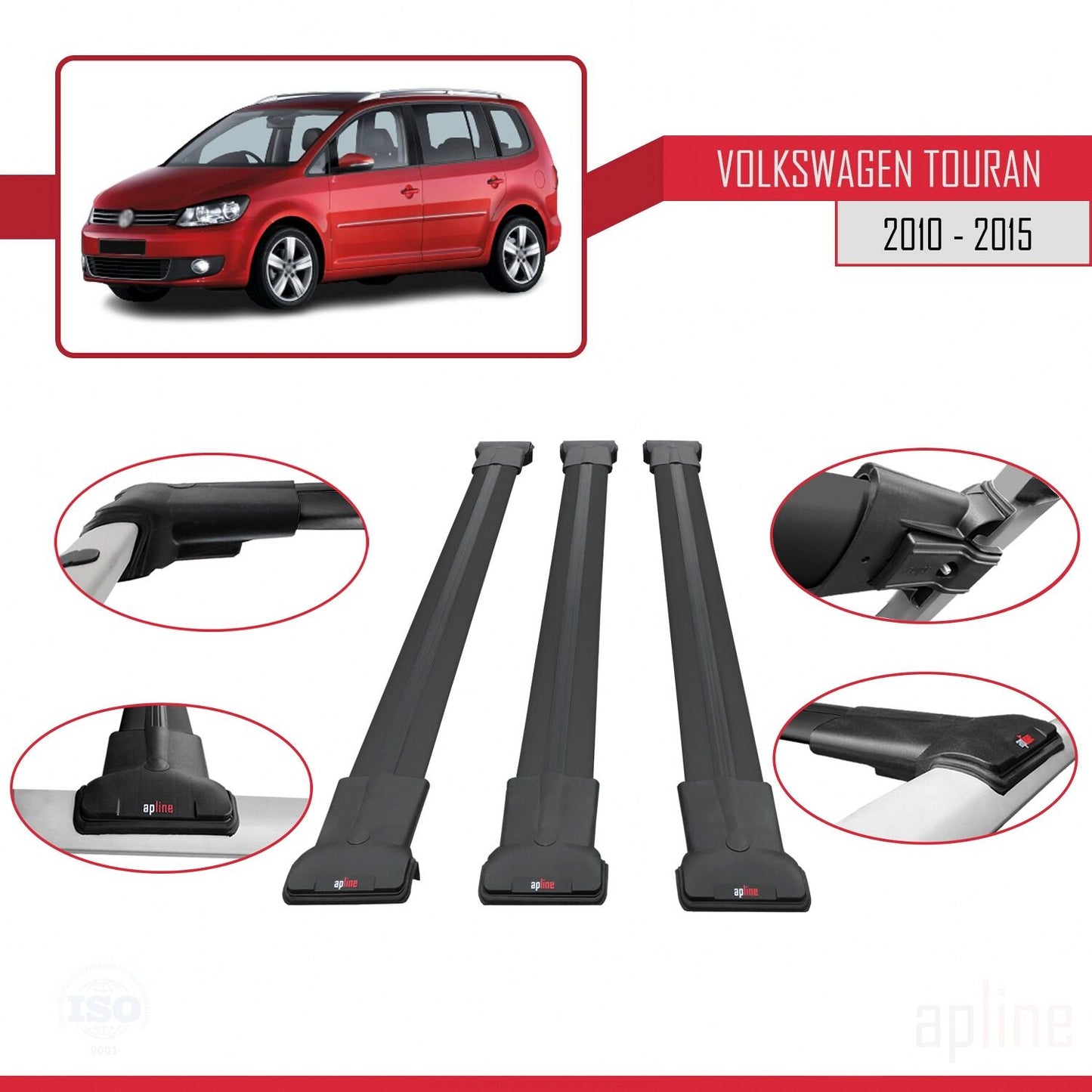 Compatible with Volkswagen Touran (1T) Post-Facelift 2010-2015 FLY Model Car Roof Rack Cross Bar Black Aluminium 3 Bars