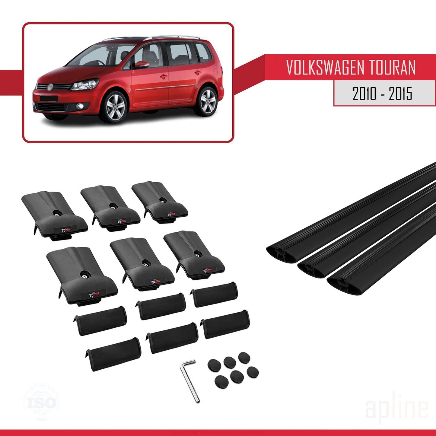 Compatible with Volkswagen Touran (1T) Post-Facelift 2010-2015 FLY Model Car Roof Rack Cross Bar Black Aluminium 3 Bars