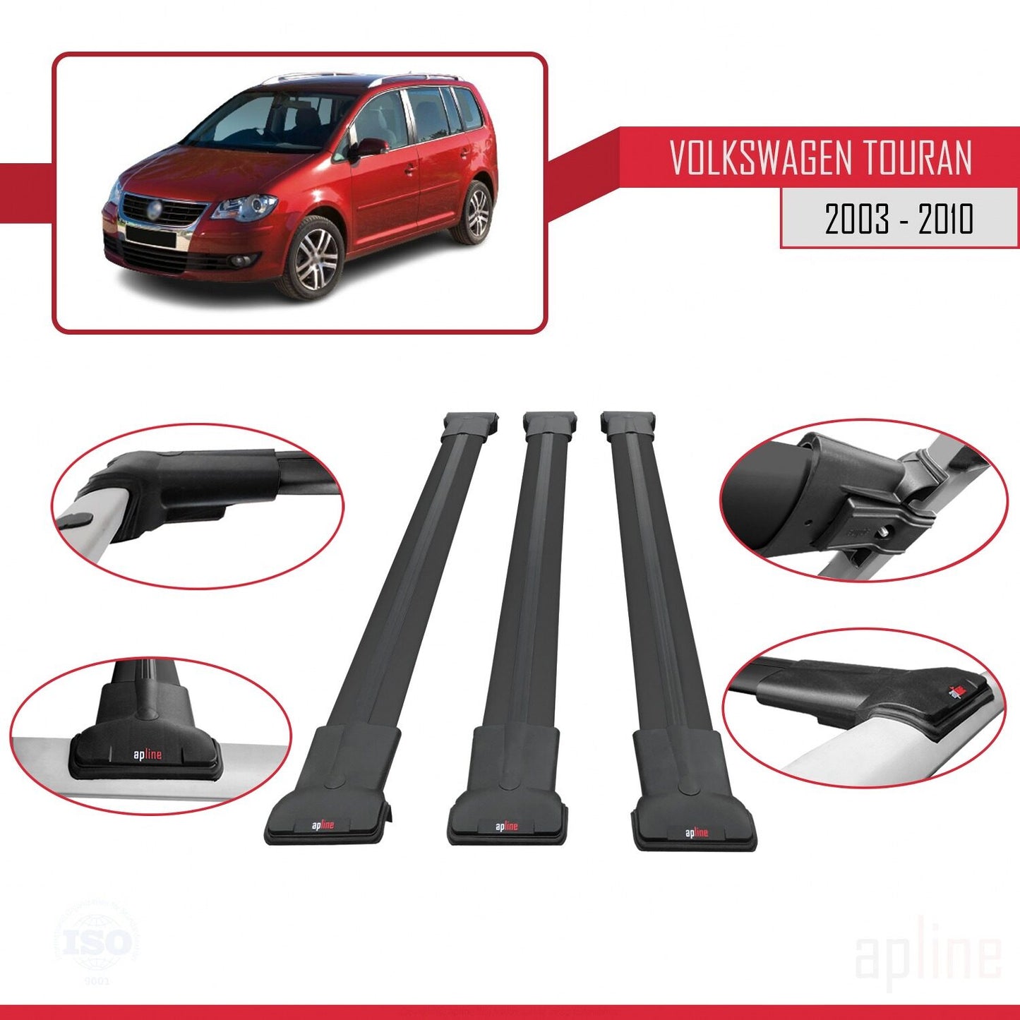 Compatible with Volkswagen Touran (1T) Pre-Facelift 2003-2010 FLY Model Car Roof Rack Cross Bar Black Aluminium 3 Bars