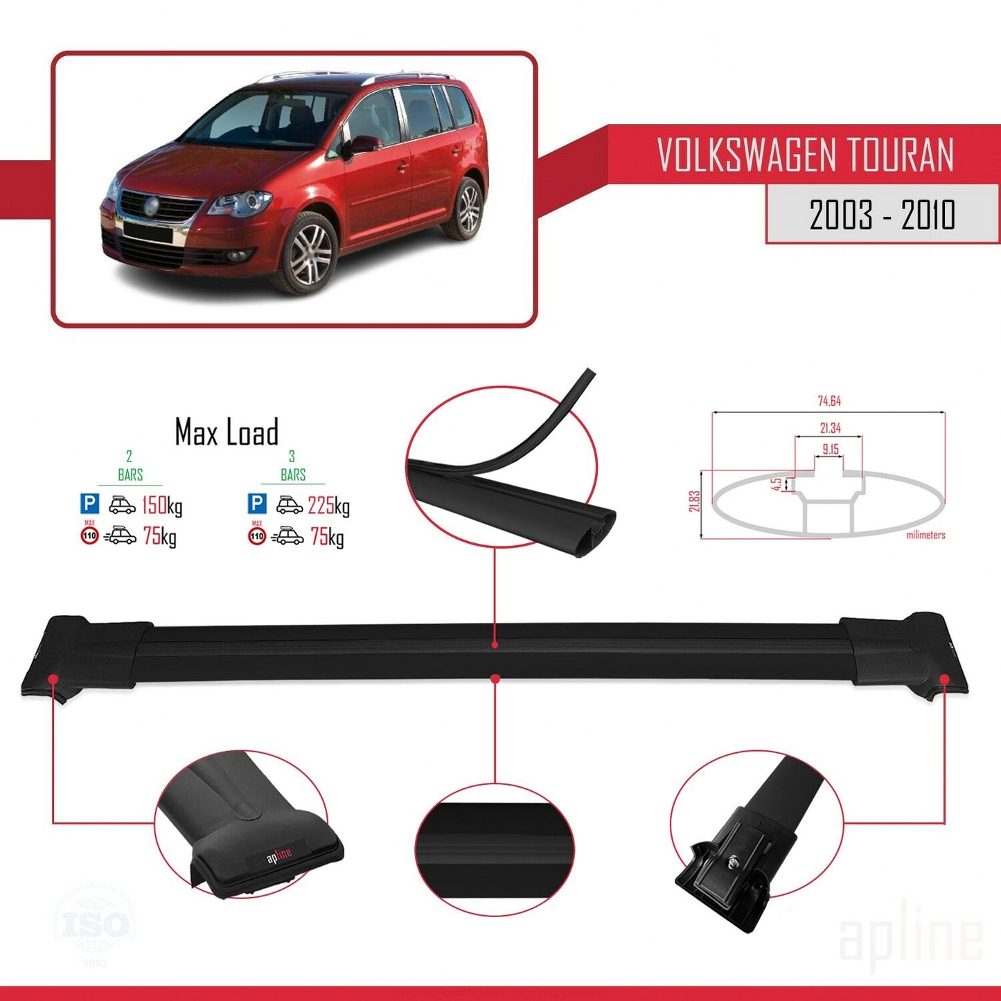 Compatible with Volkswagen Touran (1T) Post-Facelift 2010-2015 FLY Model Car Roof Rack Cross Bar Black Aluminium 2 Bars