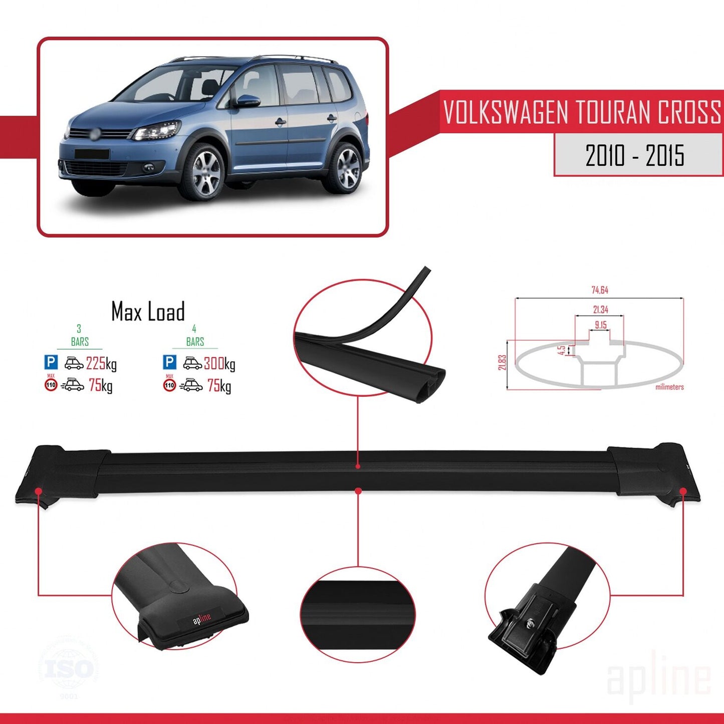 Compatible with Volkswagen Touran Cross Post-Facelift 2010-2015 FLY Model Car Roof Rack Cross Bar Black Aluminium 3 Bars