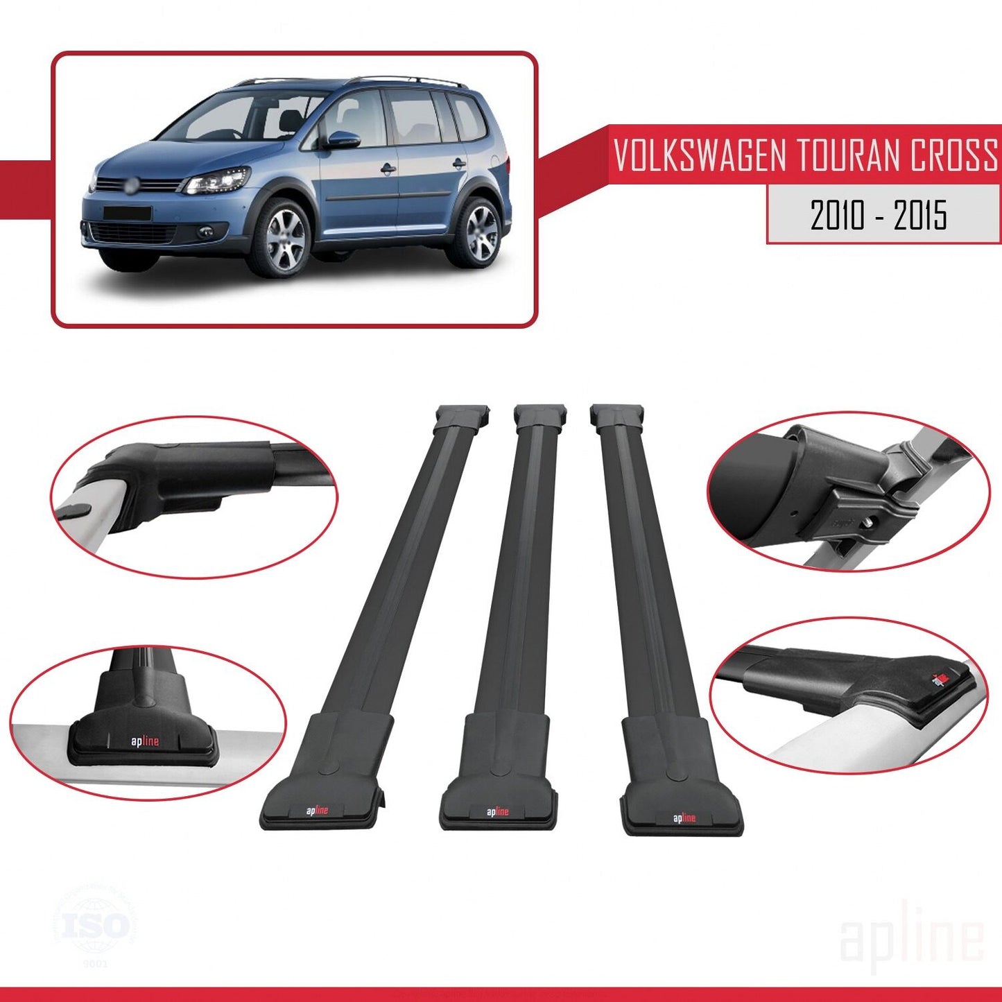 Compatible with Volkswagen Touran Cross Post-Facelift 2010-2015 FLY Model Car Roof Rack Cross Bar Black Aluminium 3 Bars