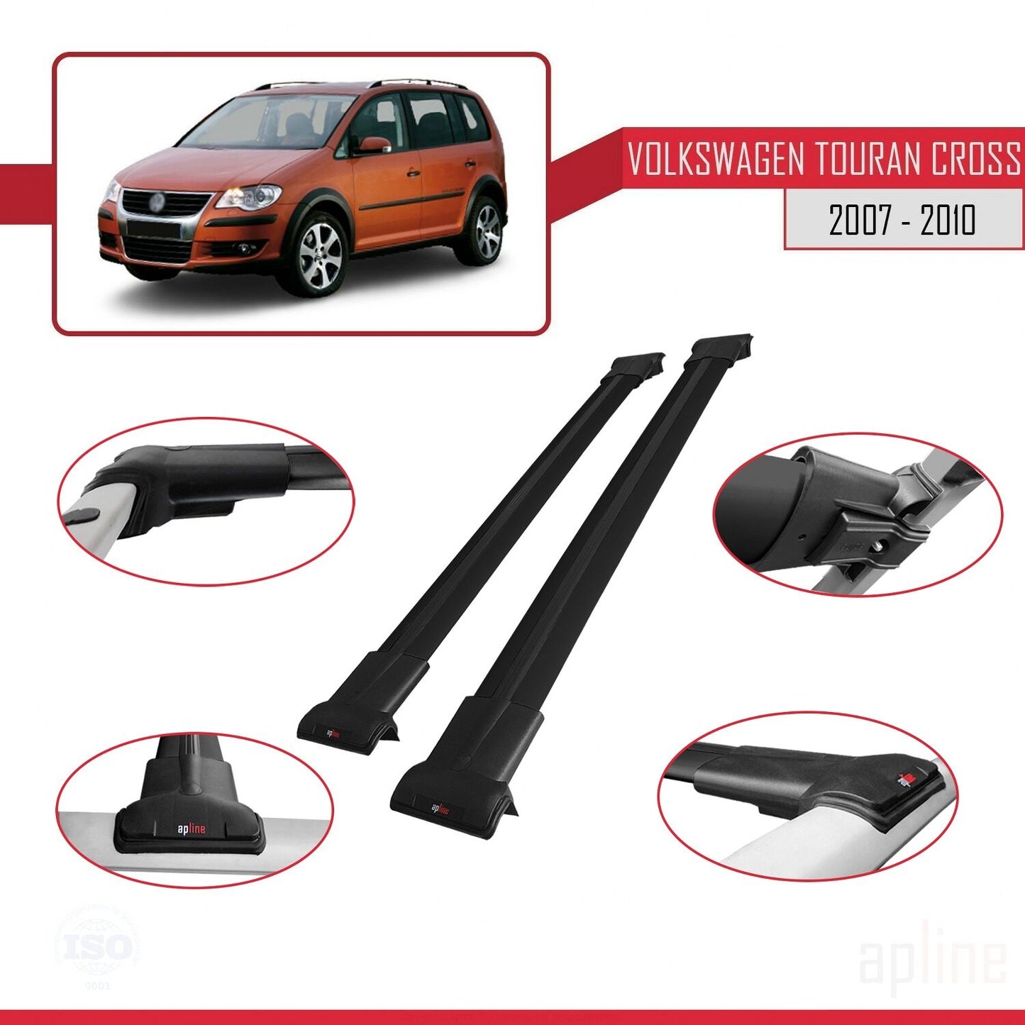 Compatible with Volkswagen Touran Cross Pre-Facelift 2007-2010 FLY Model Car Roof Rack Cross Bar Black Aluminium 2 Bars