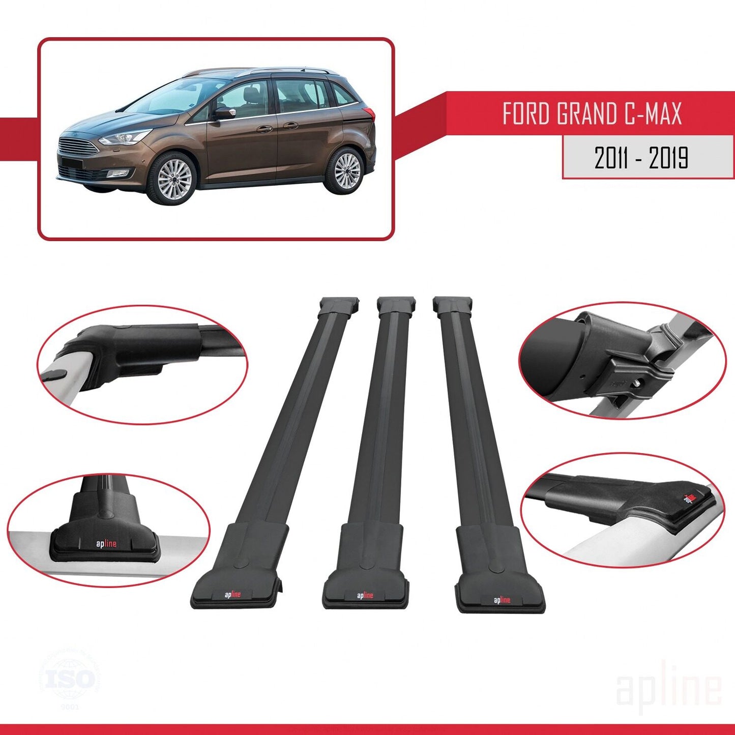 Compatible with Ford Grand C-Max (C344) 2011-2019 FLY Model Car Roof Rack Cross Bar Black Aluminium 3 Bars