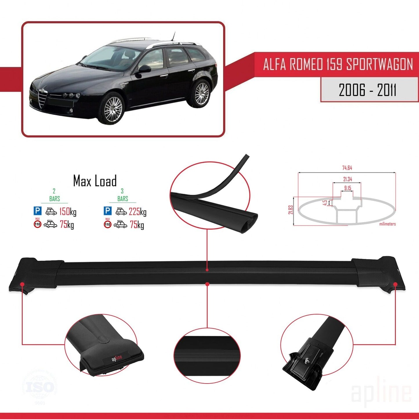 Compatible with Alfa Romeo 159 (T939) SW 2006-2011 FLY Model Car Roof Rack Cross Bar Black Aluminium 2 Bars