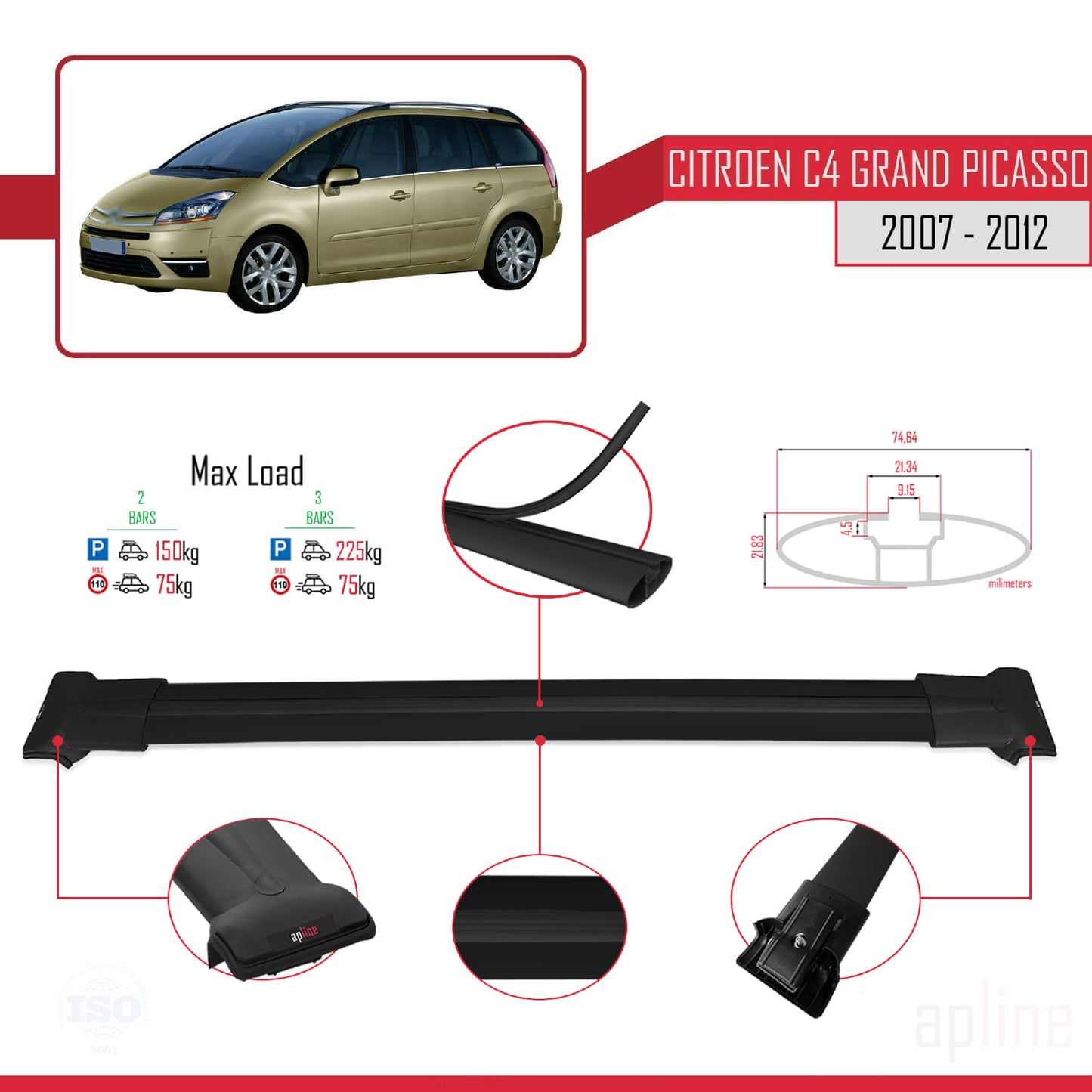 Compatible with Citroen Grand C4 Picasso 2007-2012 FLY Model Car Roof Rack Cross Bar Black Aluminium 2 Bars