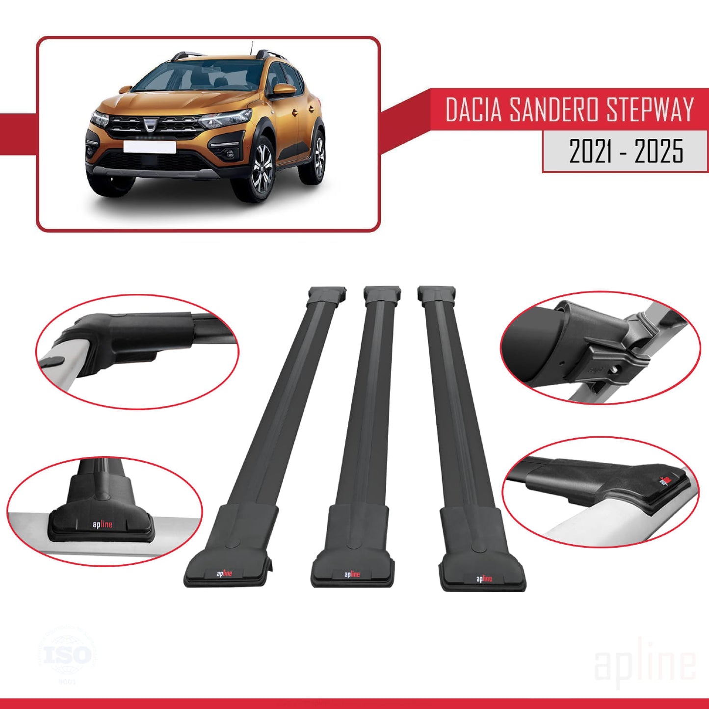 Compatible with Dacia Sandero Stepway 3 2021-2025 FLY Model Car Roof Rack Cross Bar Black Aluminium 3 Bars