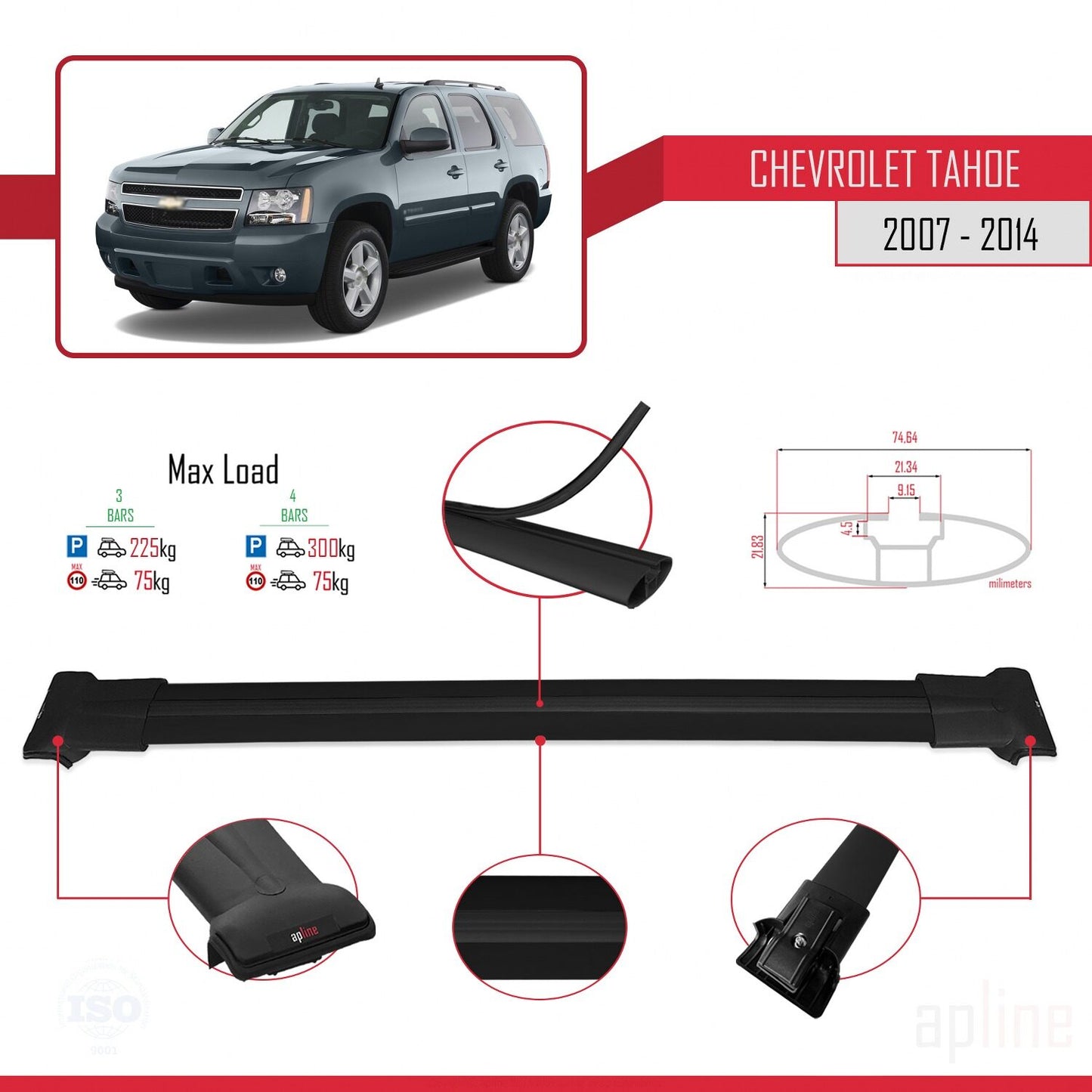 Compatible with Chevrolet Tahoe 3 2007-2014 FLY Model Car Roof Rack Cross Bar Black Aluminium 3 Bars