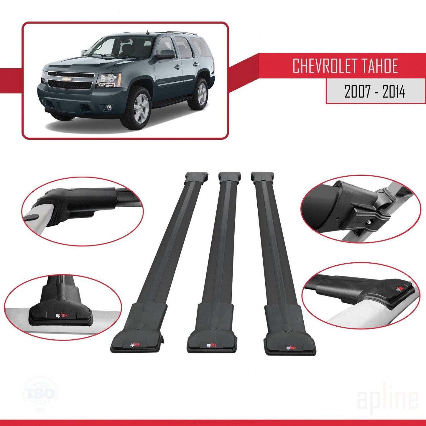 Compatible with Chevrolet Tahoe 3 2007-2014 FLY Model Car Roof Rack Cross Bar Black Aluminium 3 Bars