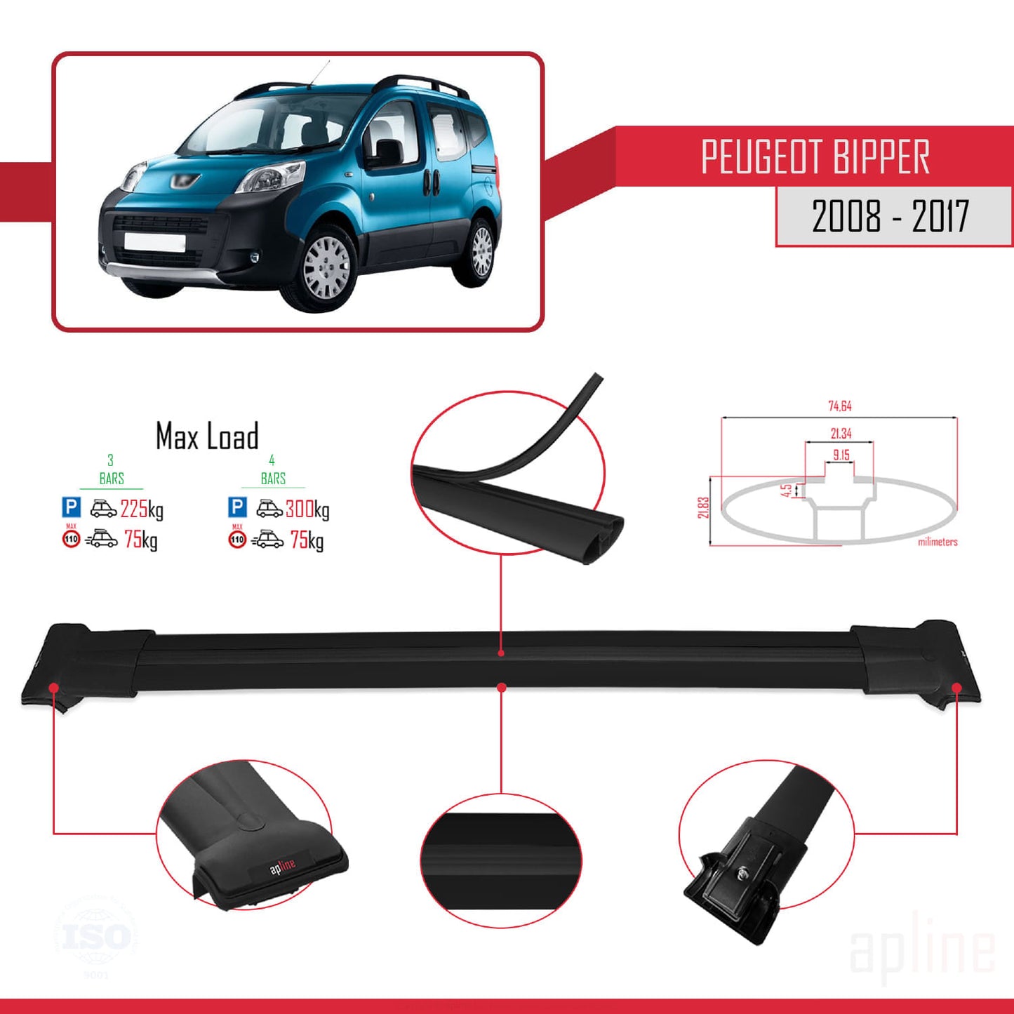 Compatible with Peugeot Bipper 2008-2017 FLY Model Car Roof Rack Cross Bar Black Aluminium 3 Bars
