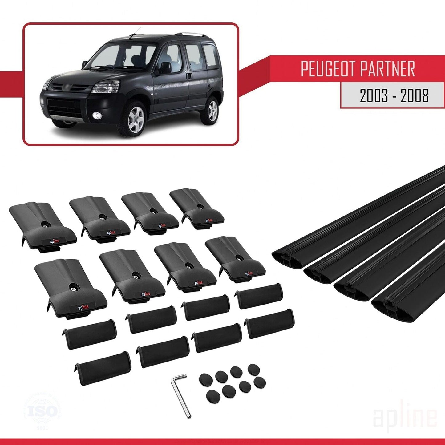 Compatible with Peugeot Partner Post-Facelift 2003-2008 FLY Model Car Roof Rack Cross Bar Black Aluminium 4 Bars