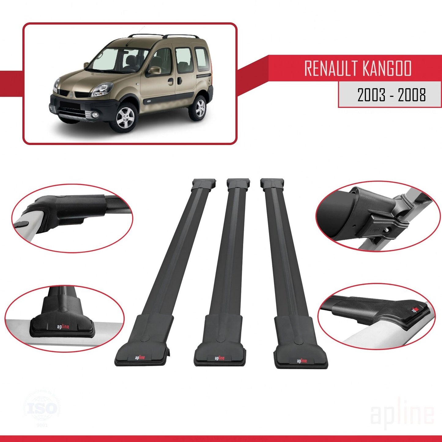 Compatible with Renault Kangoo (X76) Post-Facelift 2003-2008 FLY Model Car Roof Rack Cross Bar Black Aluminium 3 Bars