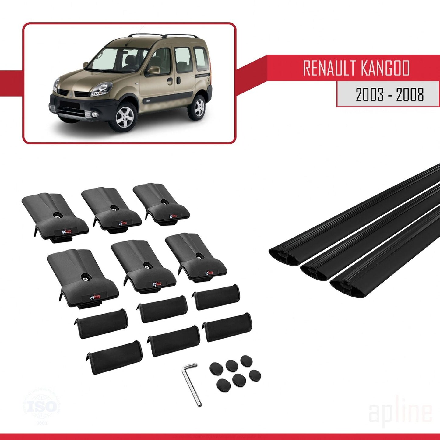 Compatible with Renault Kangoo (X76) Post-Facelift 2003-2008 FLY Model Car Roof Rack Cross Bar Black Aluminium 3 Bars